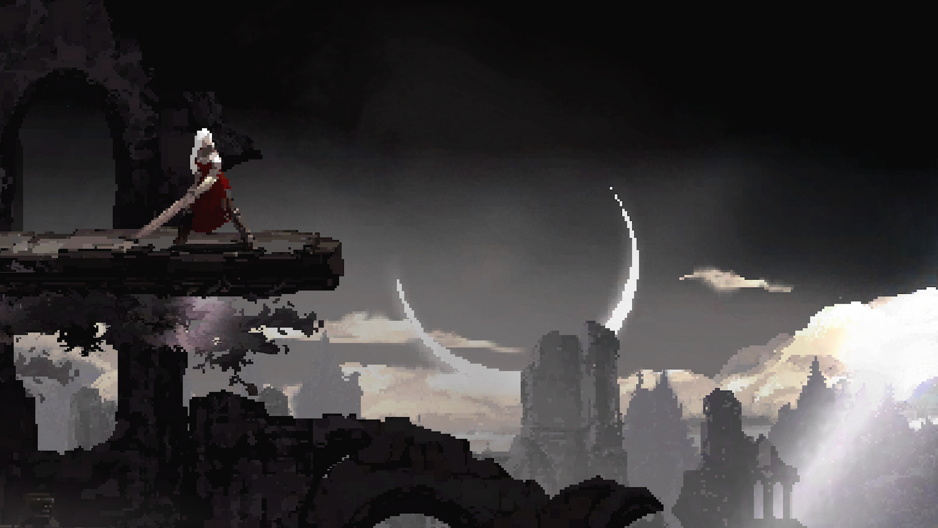 A pixel art shot from Moonscars; a woman in a red dress with white hair stands with a large sword against a backdrop of ruins with a large crescent moon.