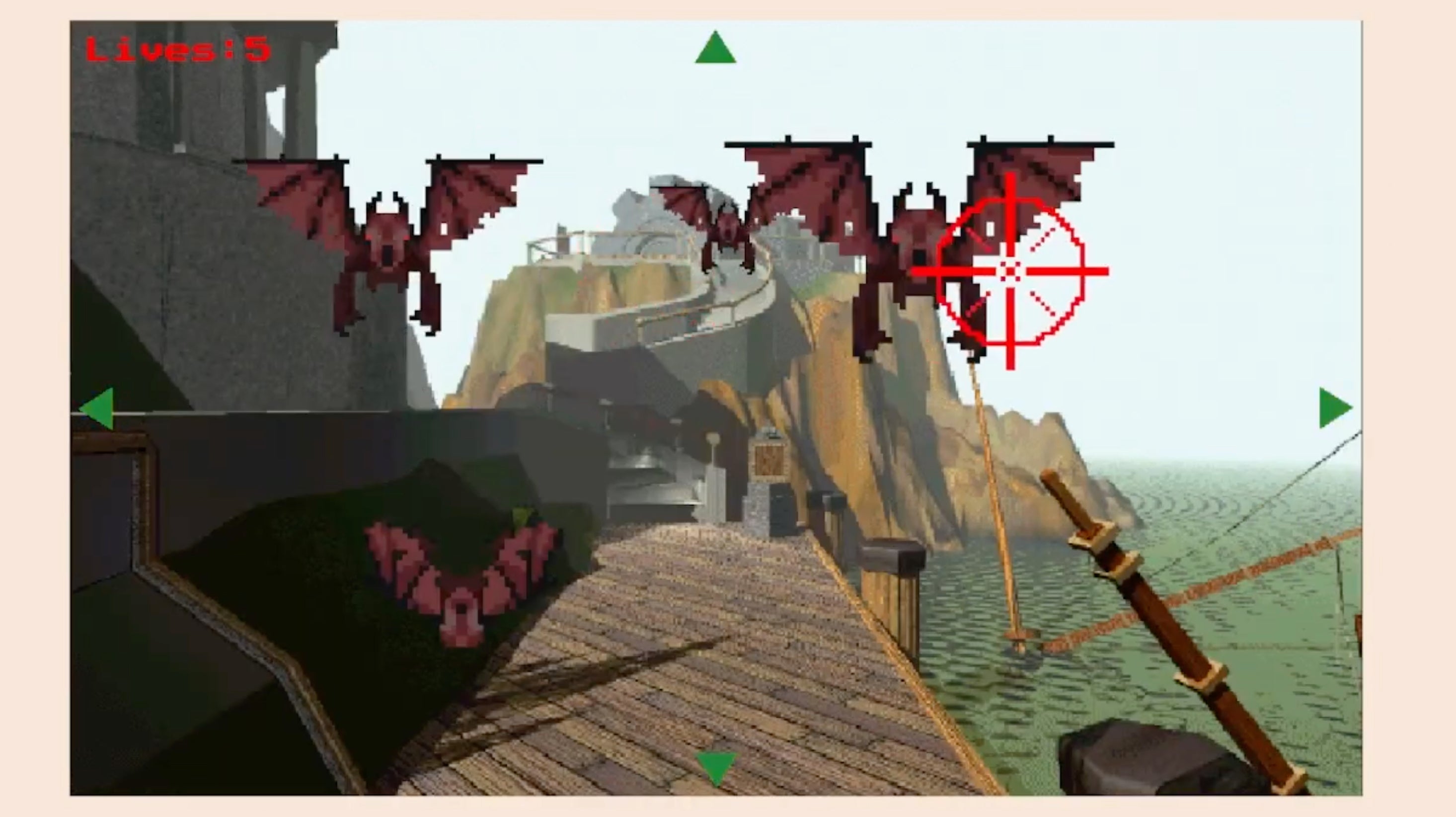 Demon bats fly toward the screen in Myst FPS