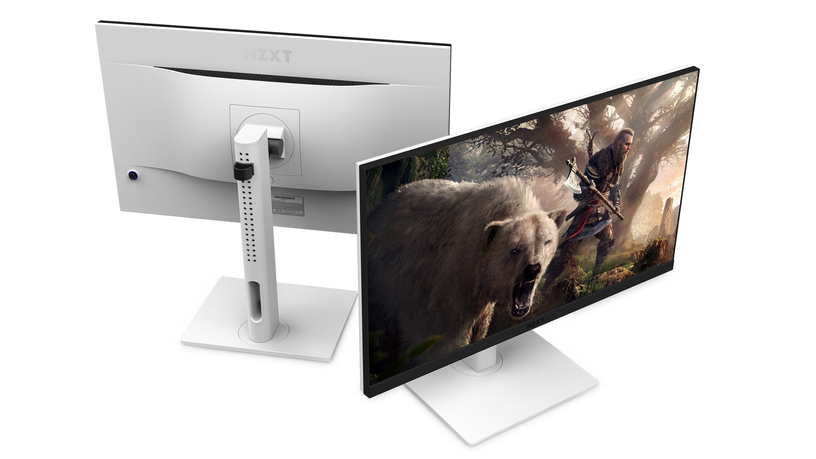 The front and rear of the NZXT Canvas 27QHD gaming monitor, in white.
