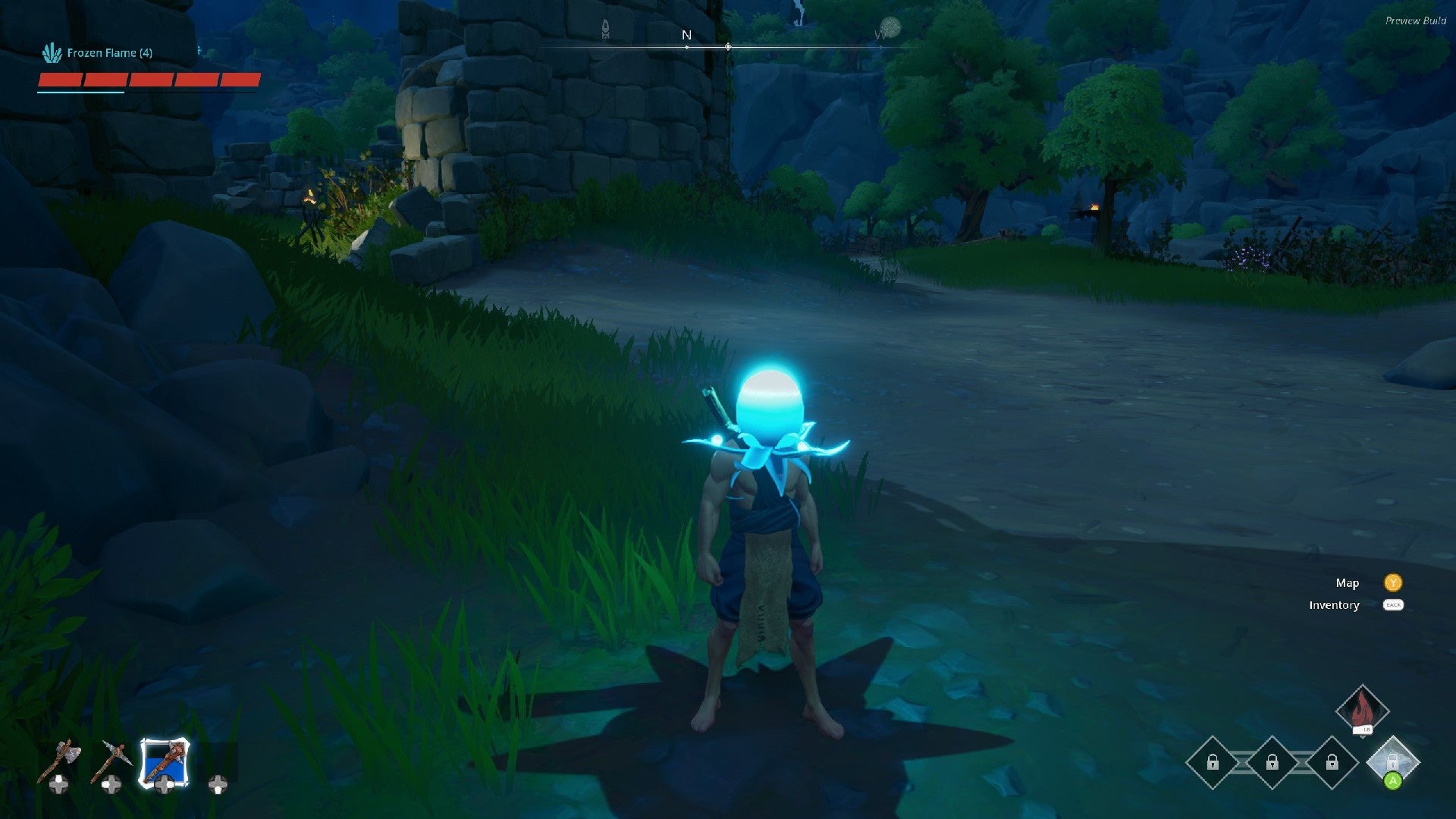 Tangkapan layar demo Frozen Flame menunjukkan pemain mengenakan bola cahaya biru untuk topi.