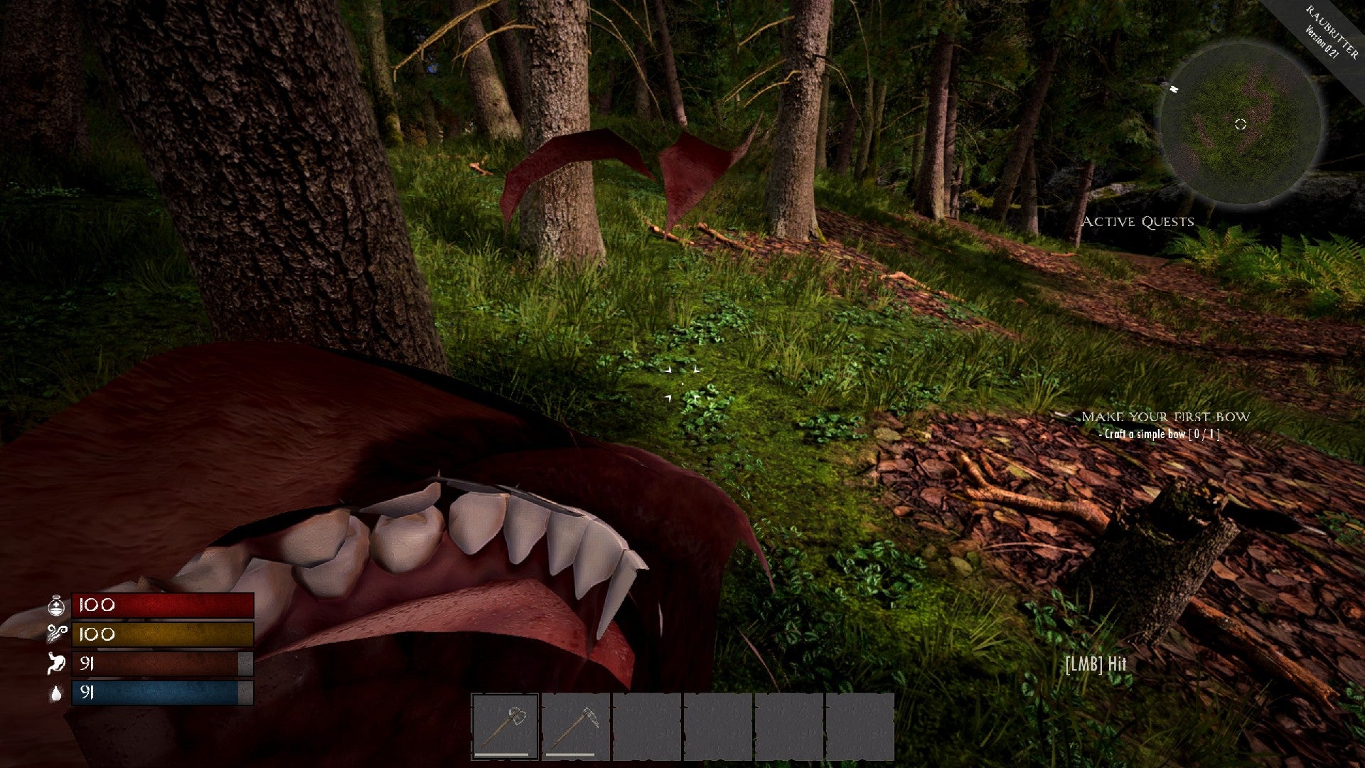 Tangkapan layar demo Raubritter yang menunjukkan bagian dalam mulut pemain dan banyak gigi saat tubuh mengalami gangguan.