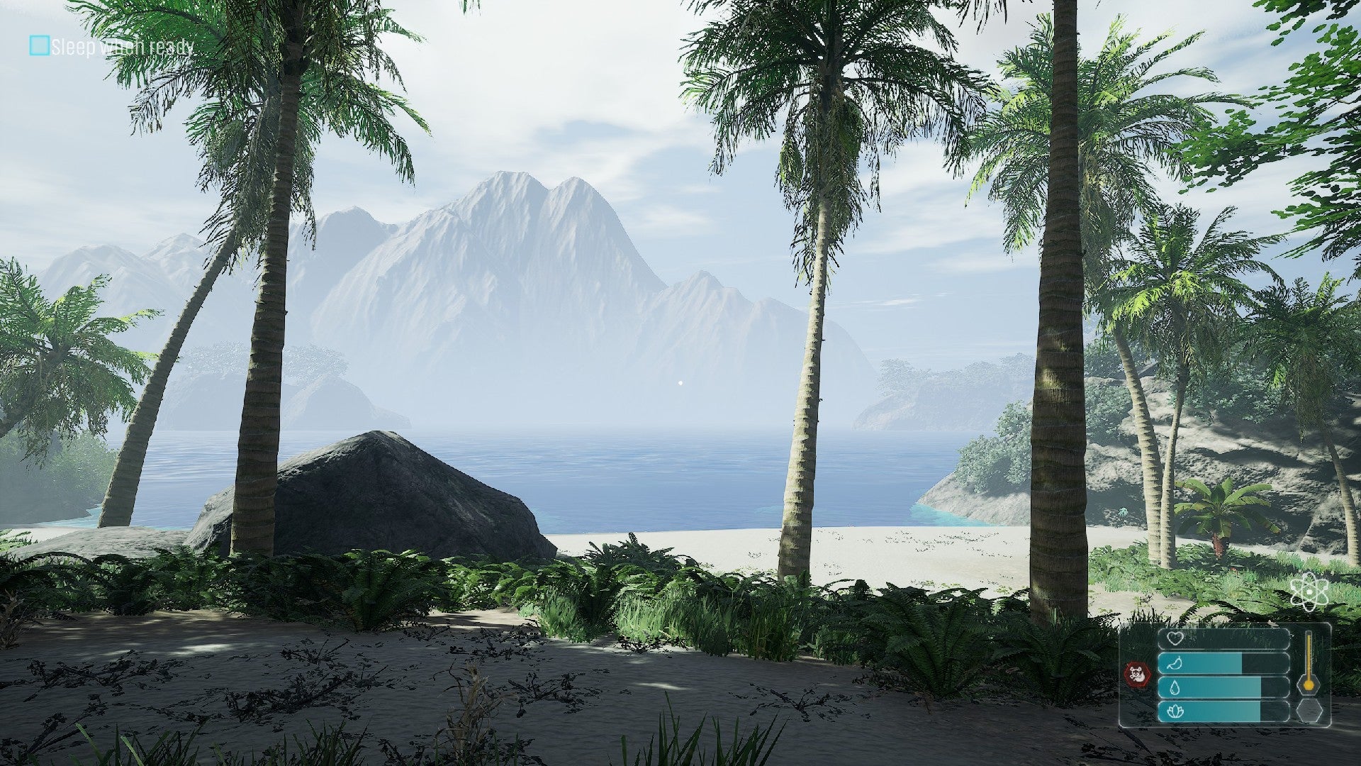 Retreat to Enen screenshot showing palm trees along the beach, which stretches out towards a blue lagoon