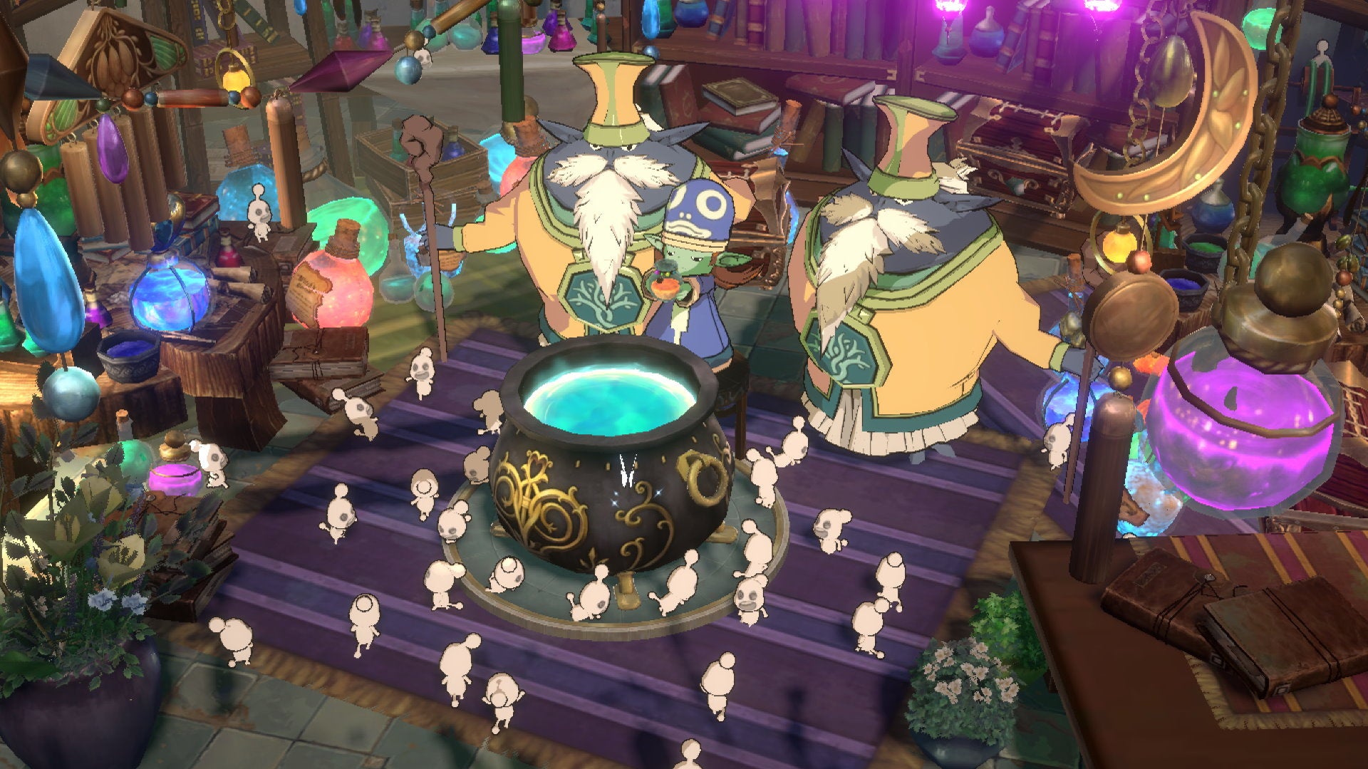 A small mage holds a potion over a cauldron surrounded by lots of small white sprites in Ni No Kuni: Cross Worlds