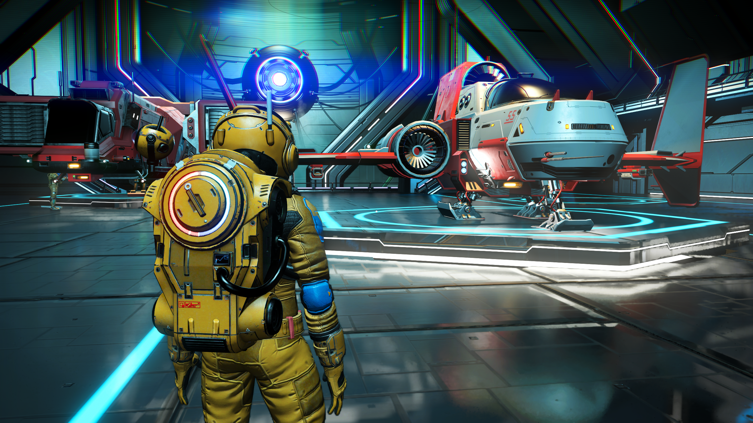 DLAA used in No Man's Sky. A spaceman stands in front of some spaceships within a hangar.