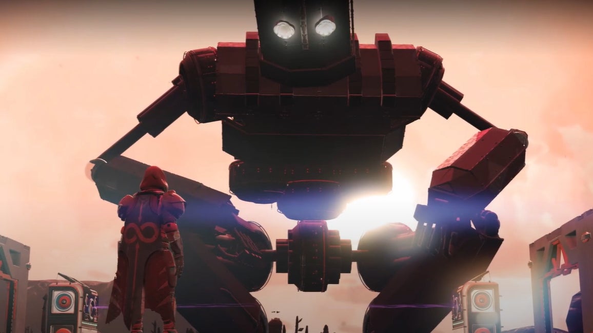 A giant robot looms over a player in No Man's Sky, created using Charlie Banks' standalone base-building mod