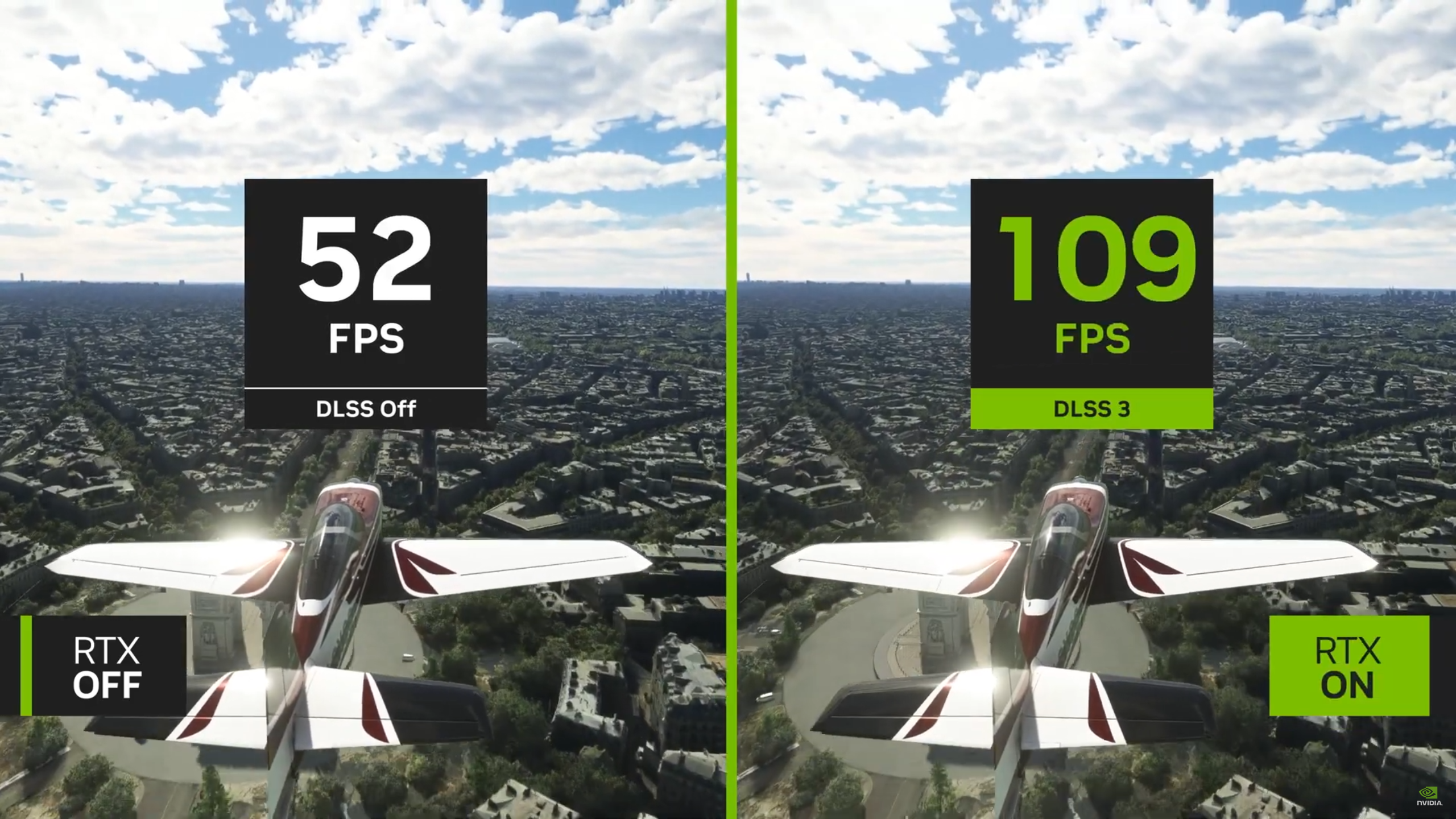 A comparison image with Microsoft Flight Simulator at native resolution versus with Nvidia DLSS 3.
