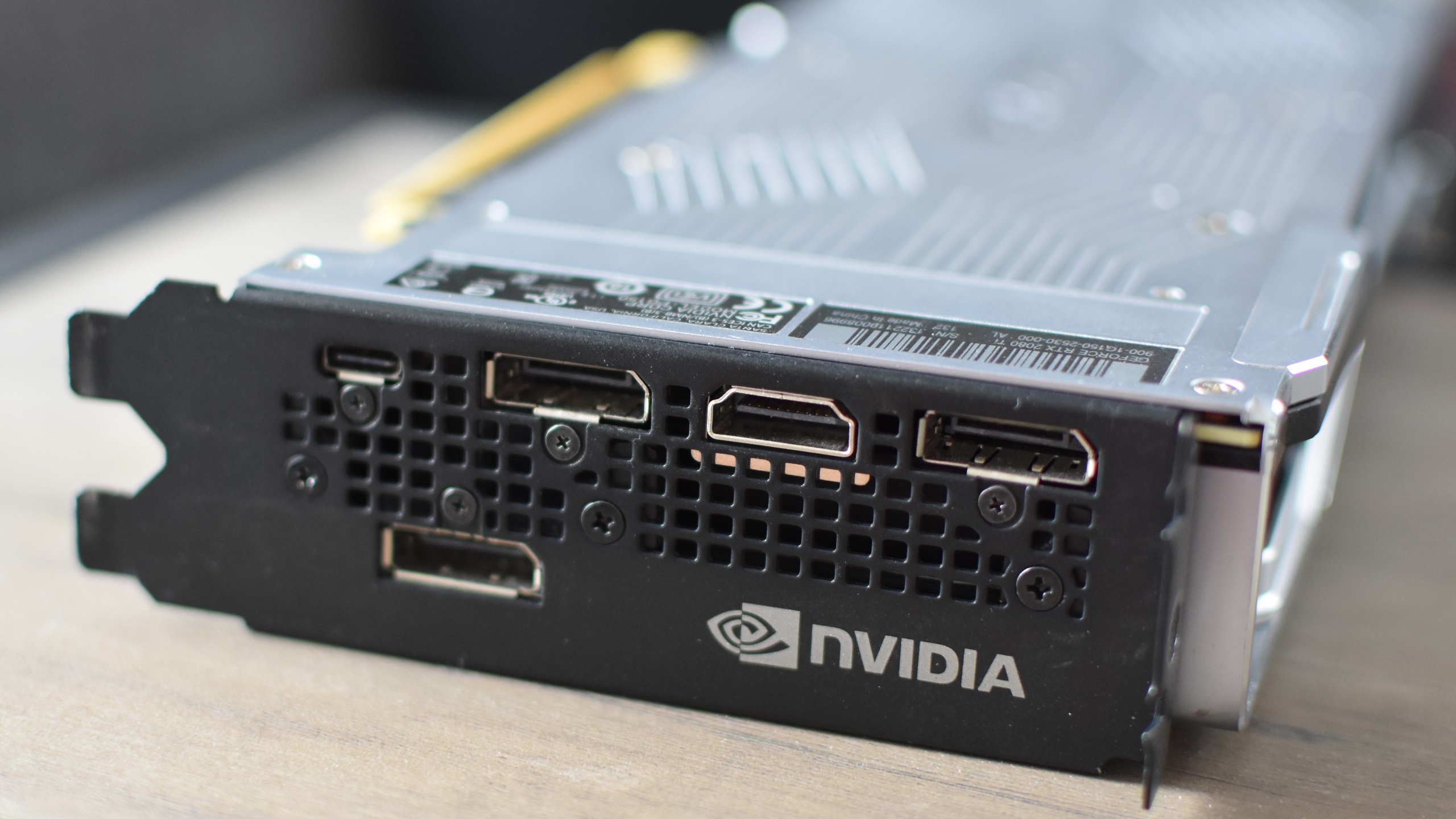 The display output ports on the back of an Nvidia GeForce RTX 2080 Ti graphics card.