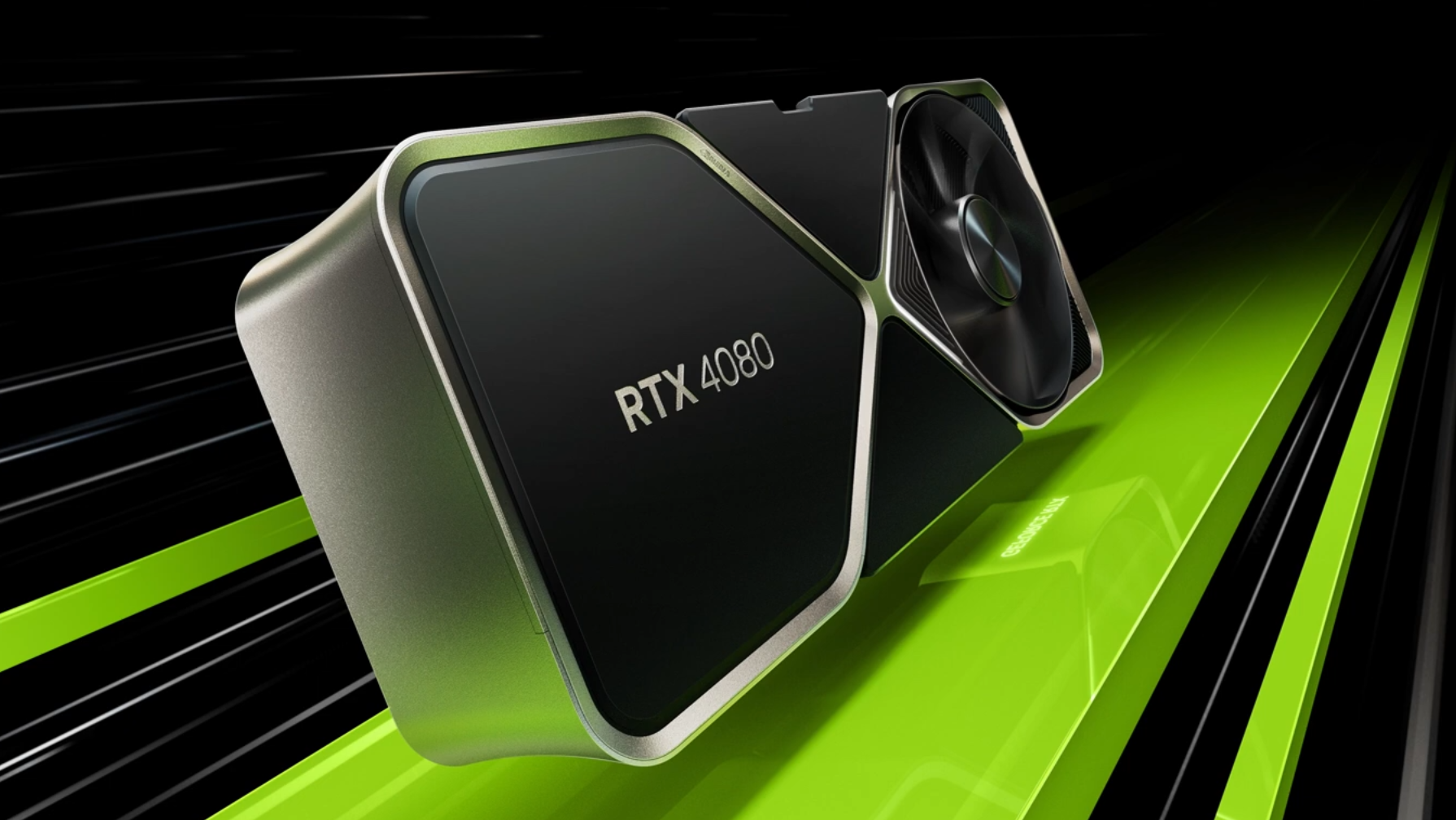 A render of the Nvidia GeForce RTX 4080 graphics card, with its Founders Edition design.