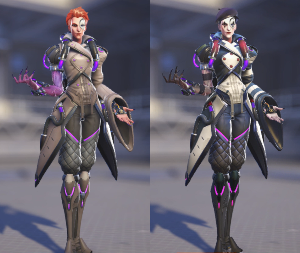 Comparison of Moira's regular skin and Overwatch 2's pantomime skin