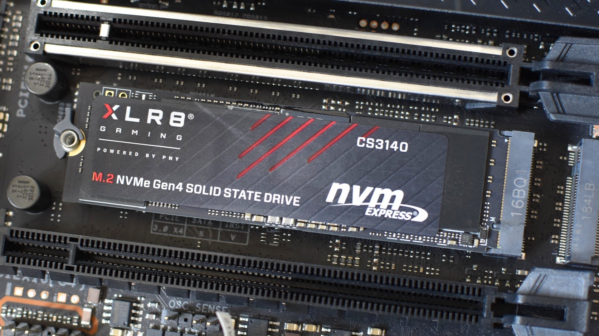 The PNY XLR8 CS3140 SSD installed in a motherboard M.2 slot.