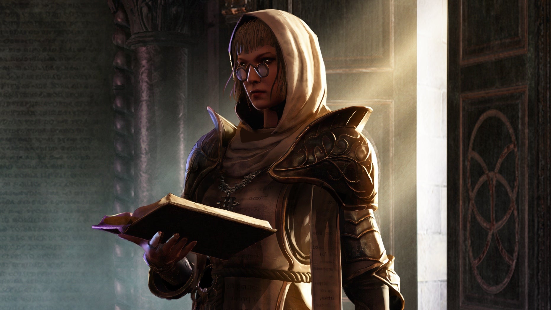 Key art from Path Of Exile's The Forbidden Sanctum expansion showing a robed figure standing in front of a doorway and holding a book