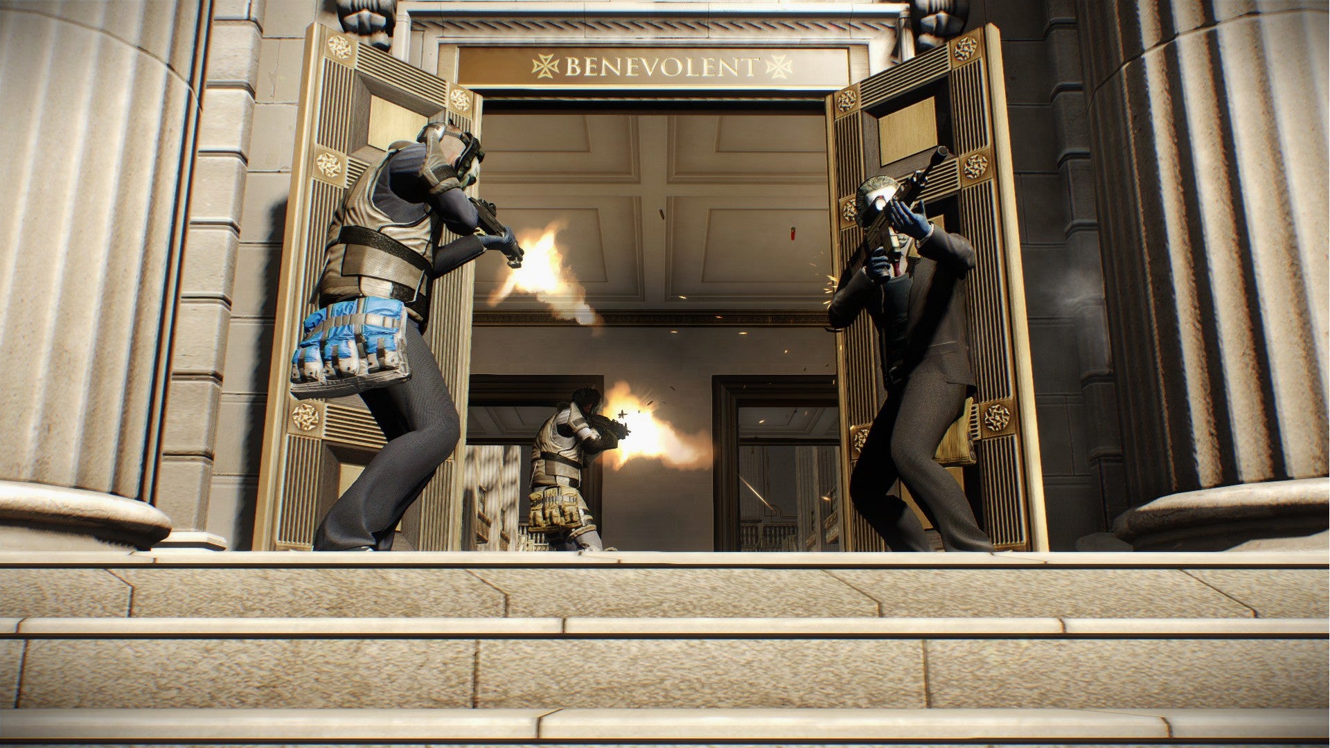 Payday 2 image showing three bank robbers aiming their guns at the entrance to a big bank, with one aiming outside at the others firing into the building.