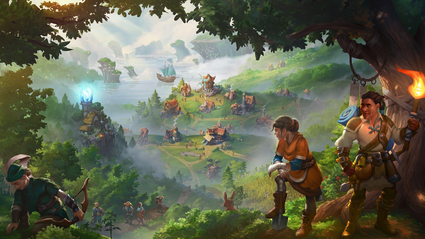 Two settlers look out over a green vista and a growing city in Pioneers Of Pagonia