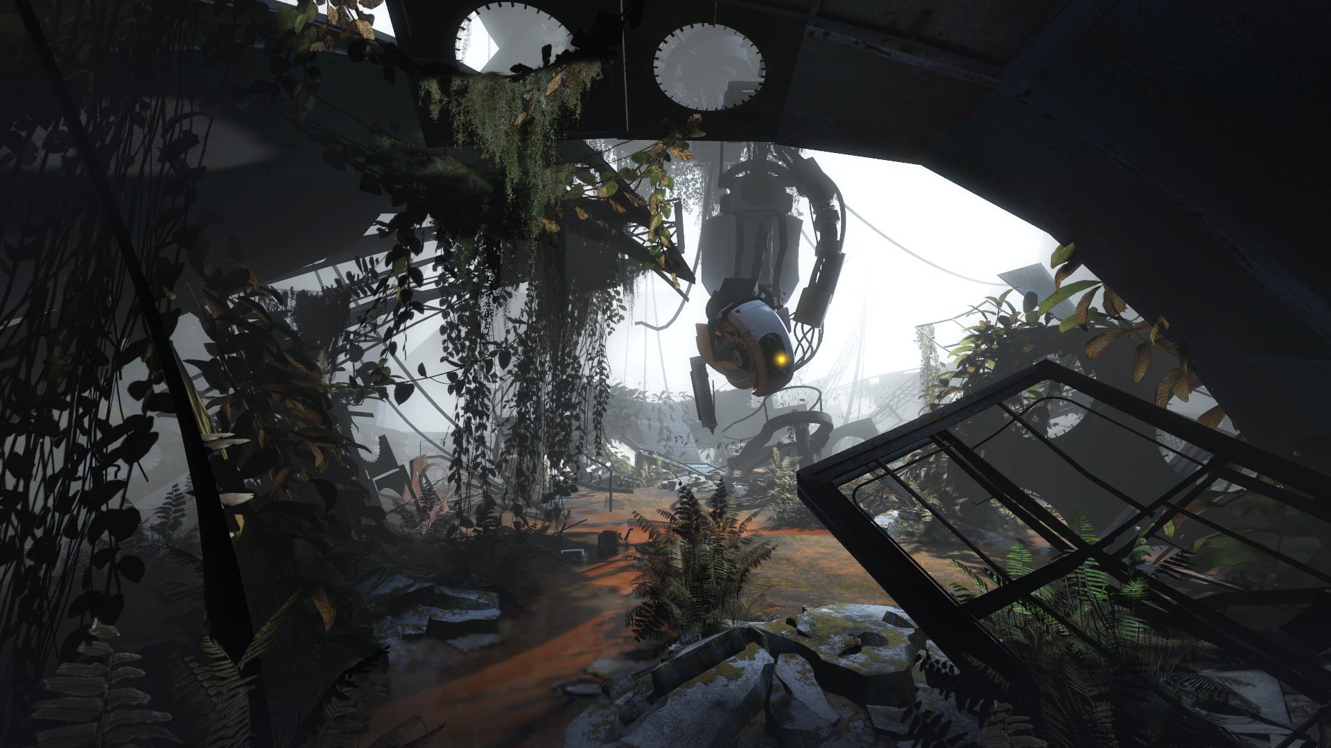 The robot arm inhabited by the AI GLaDOS in Portal 2, in an overgrown chamber full of vines