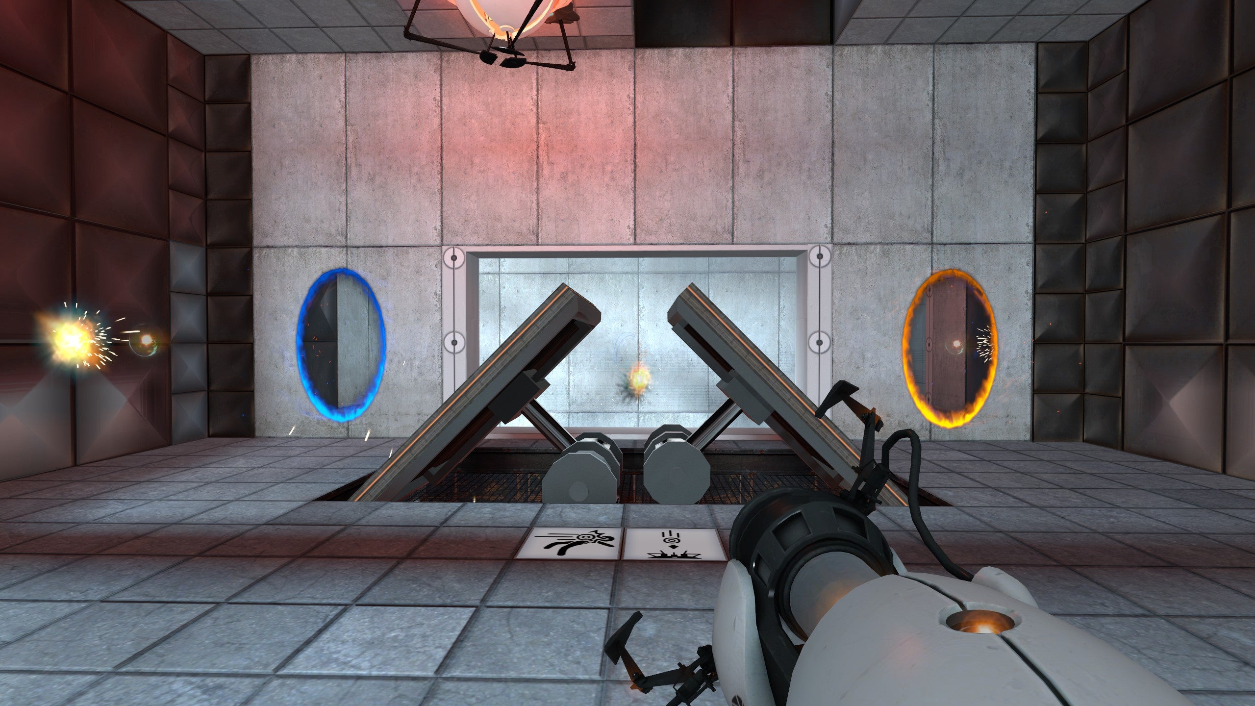 A puzzle involving angled walls and a high energy pellet in Portal.