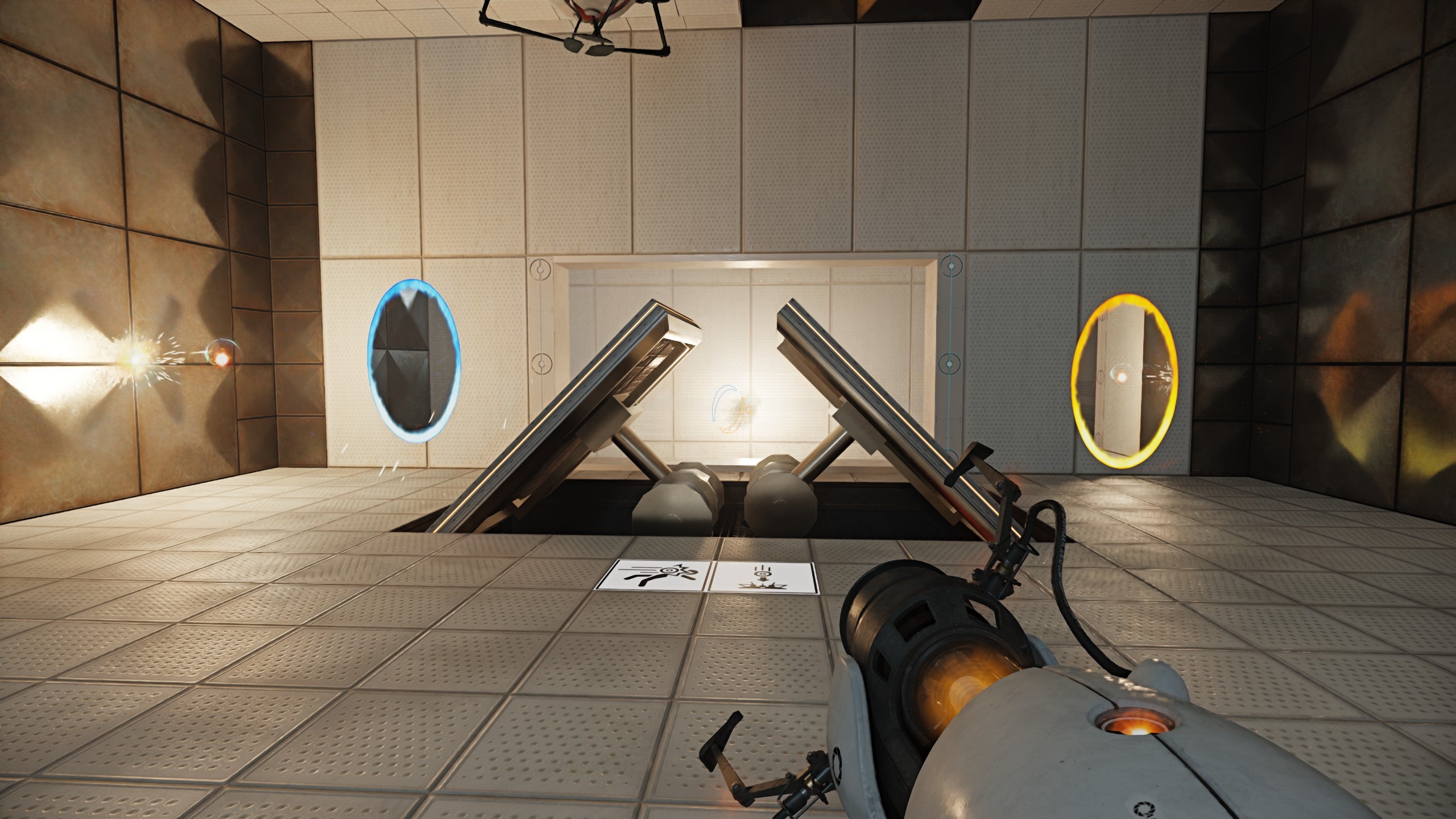 A puzzle involving angled walls and a high energy pellet in Portal with RTX.