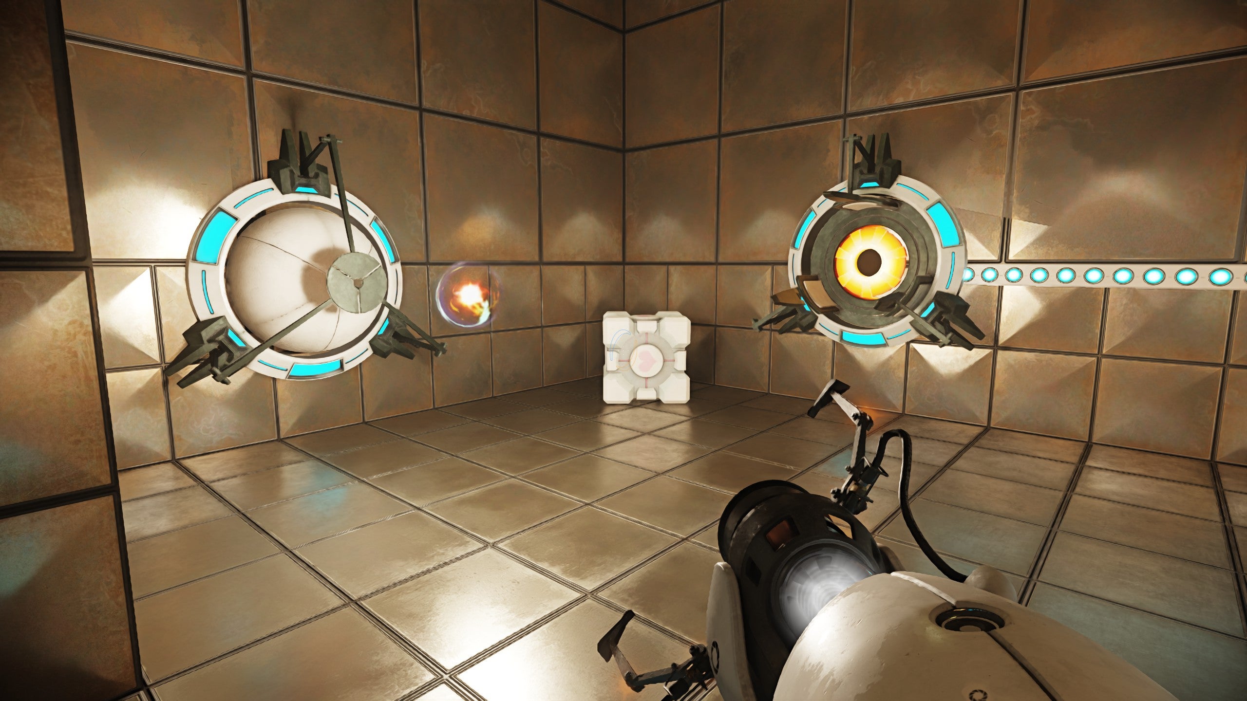 The Weighted Companion Cube sits in a corner of a Portal with RTX test chamber.