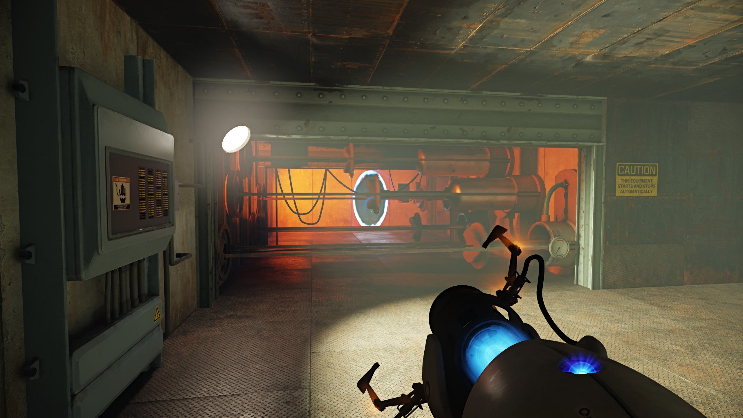 A blue portal offers a way past several slamming pistons in Portal with RTX.