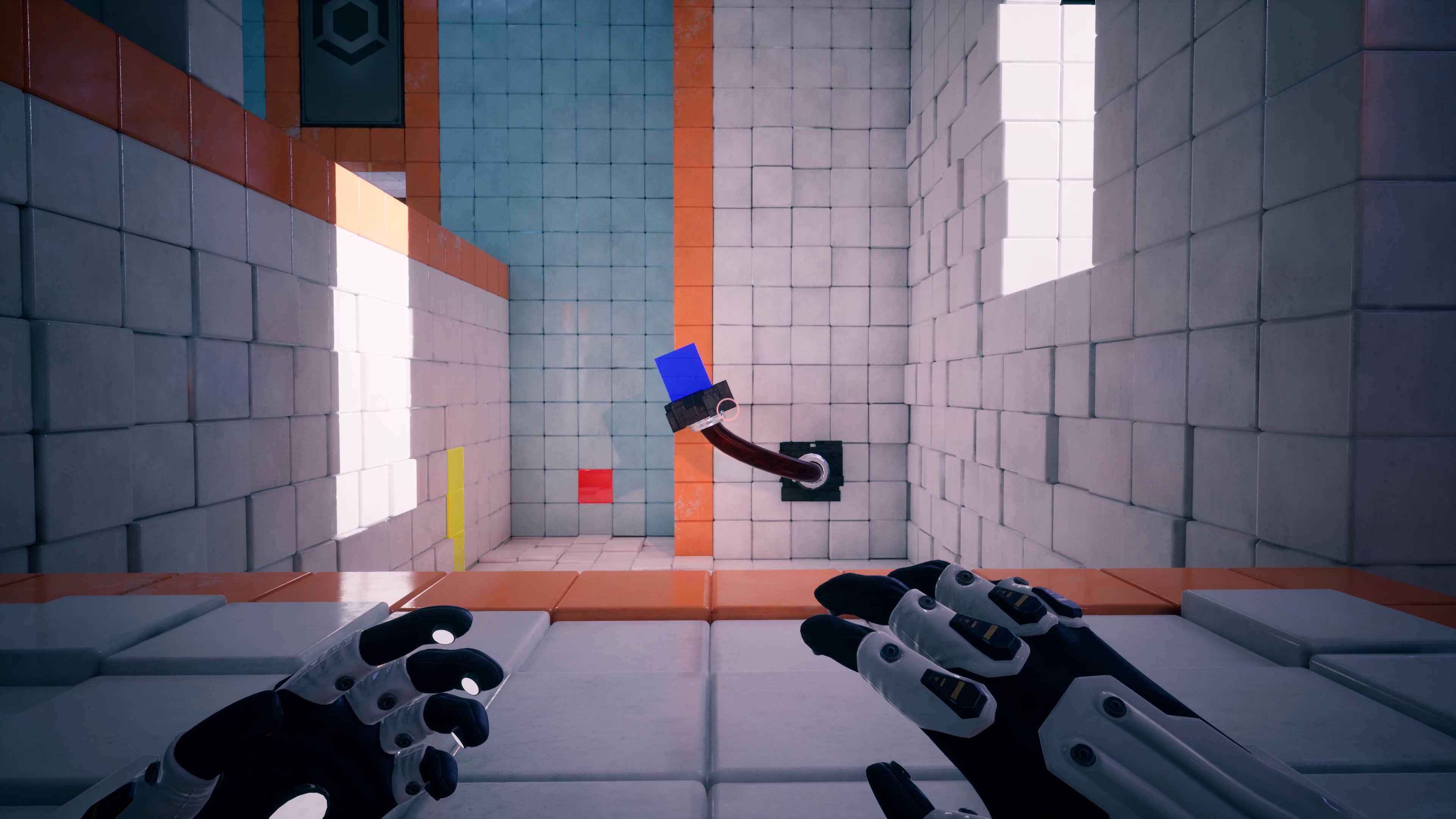 A pair of gloves looks over a scene of white tiled walls and brightly coloured blocks sitting inside the wall in QUBE: 10th Anniversary.