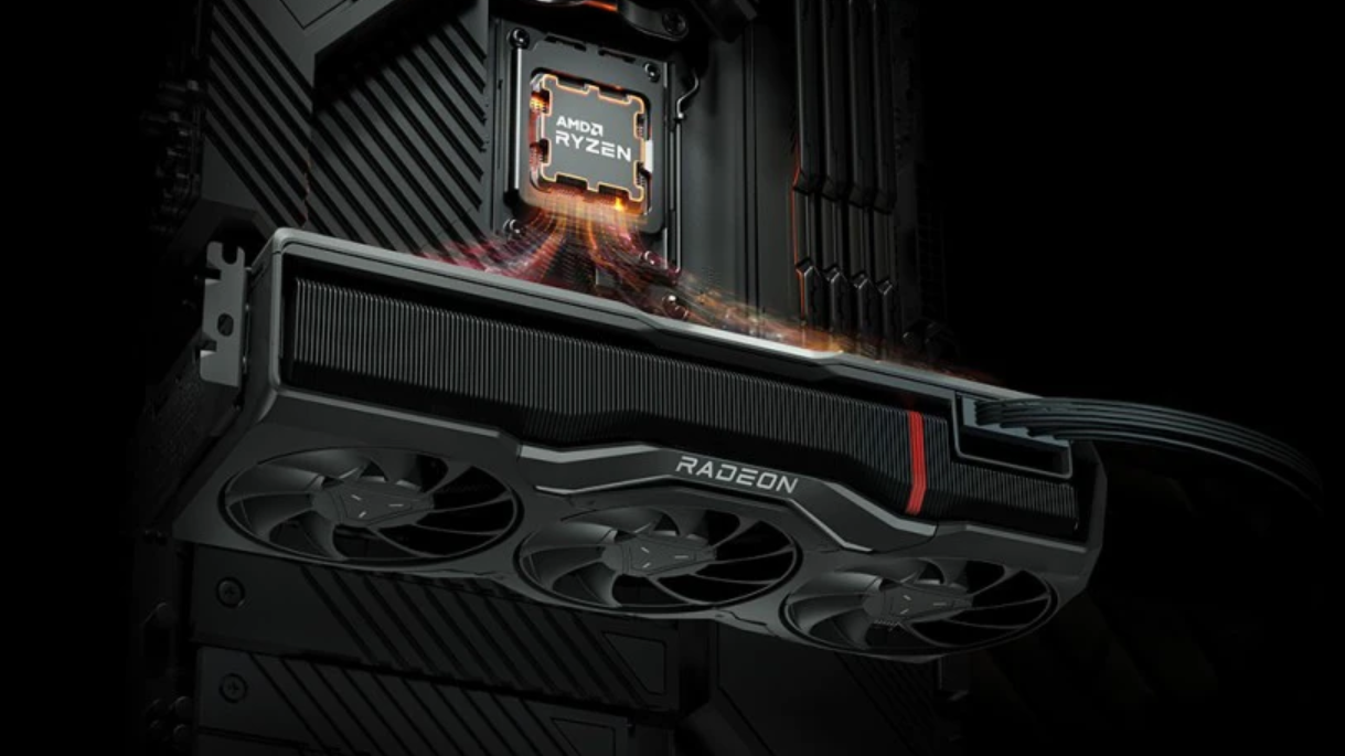 A CG render of an RDNA 3 graphics card in a PC with an AMD Ryzen 7000 CPU.