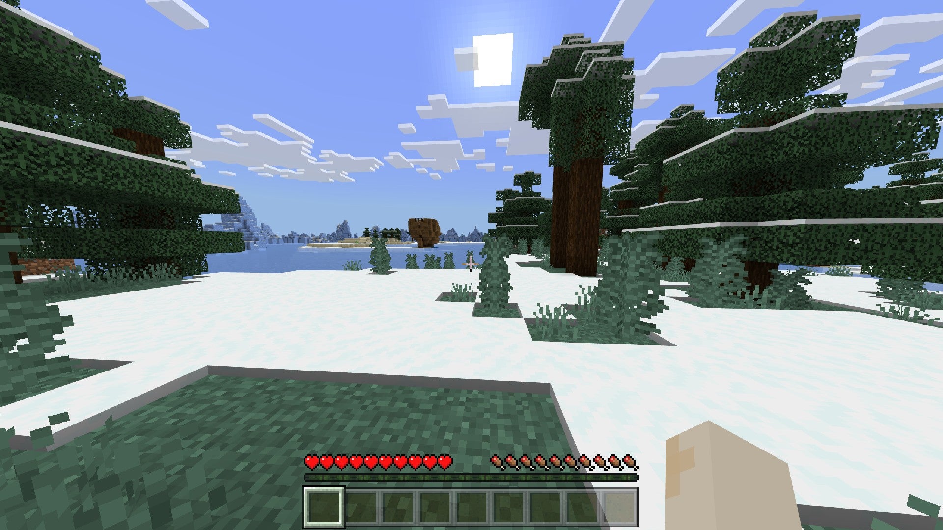 A Minecraft screenshot showing a player in a snowy biome, with a wooden structure in the lake in front.