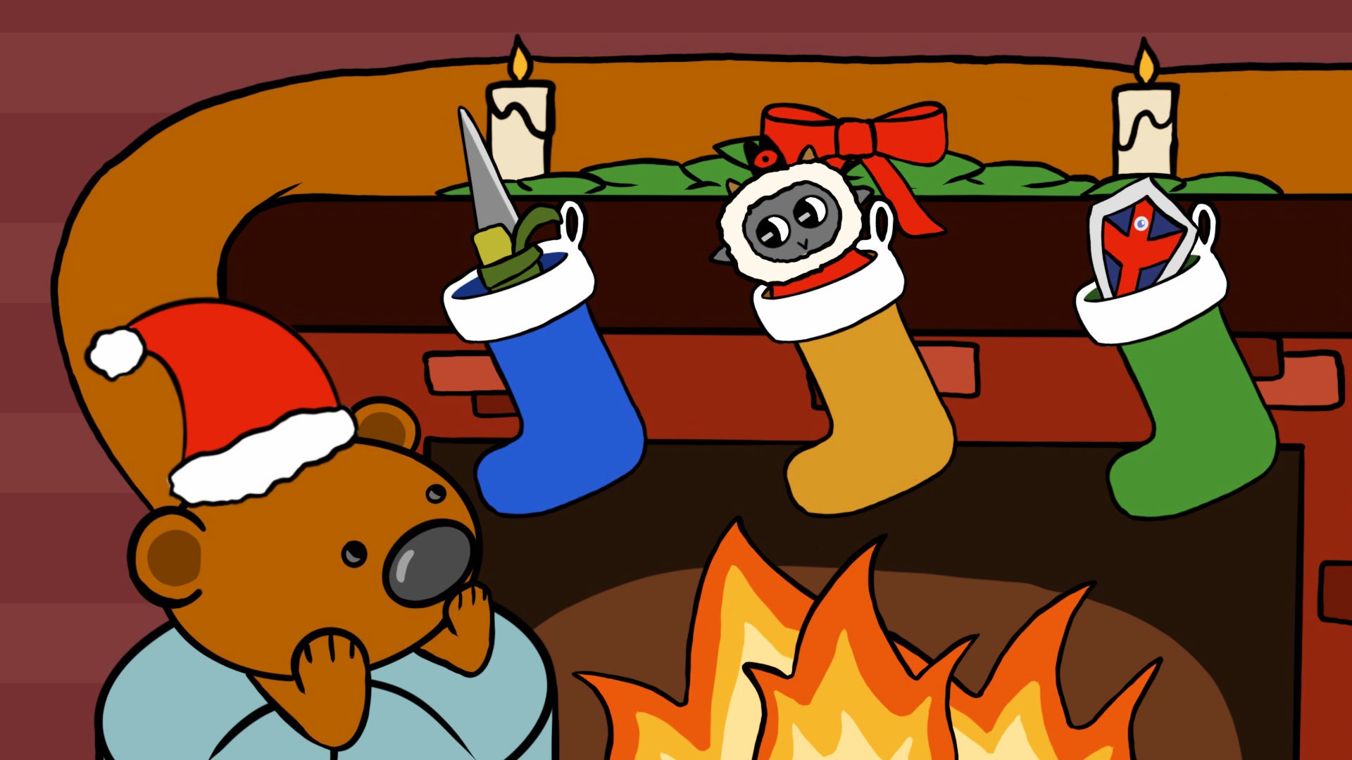 A cartoony drawing of Horace The Endless Bear, in a Santa hat and snuggled by/atop a fireplace, regarding three Christmas stockings hung above it. Each contains something from a different game that came out this year
