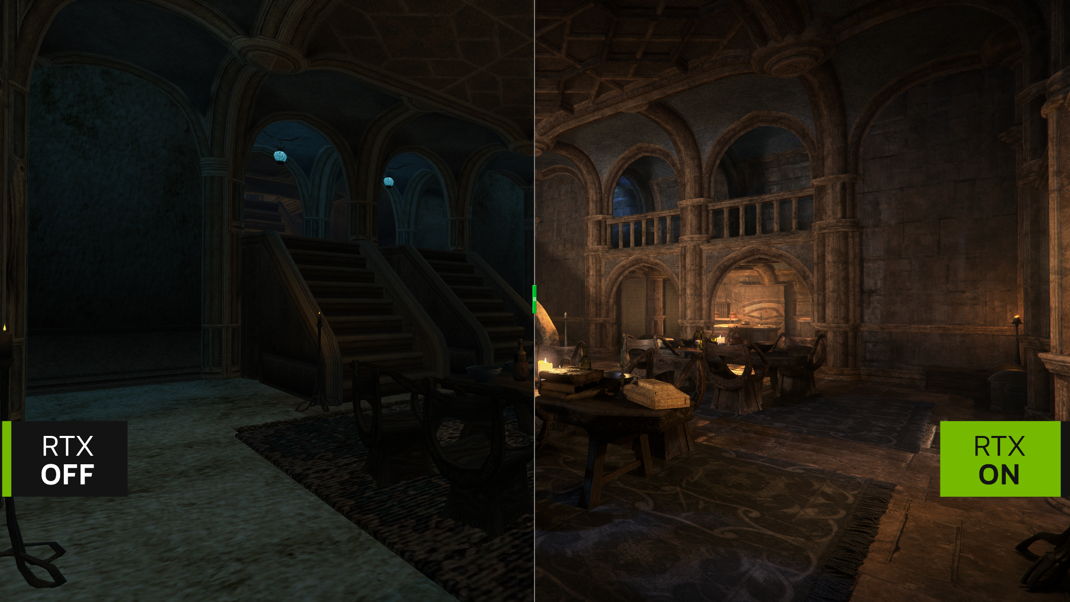 Morrowind'i RTX Remix modunun yanında gösteren bir karşılaştırma resmi.