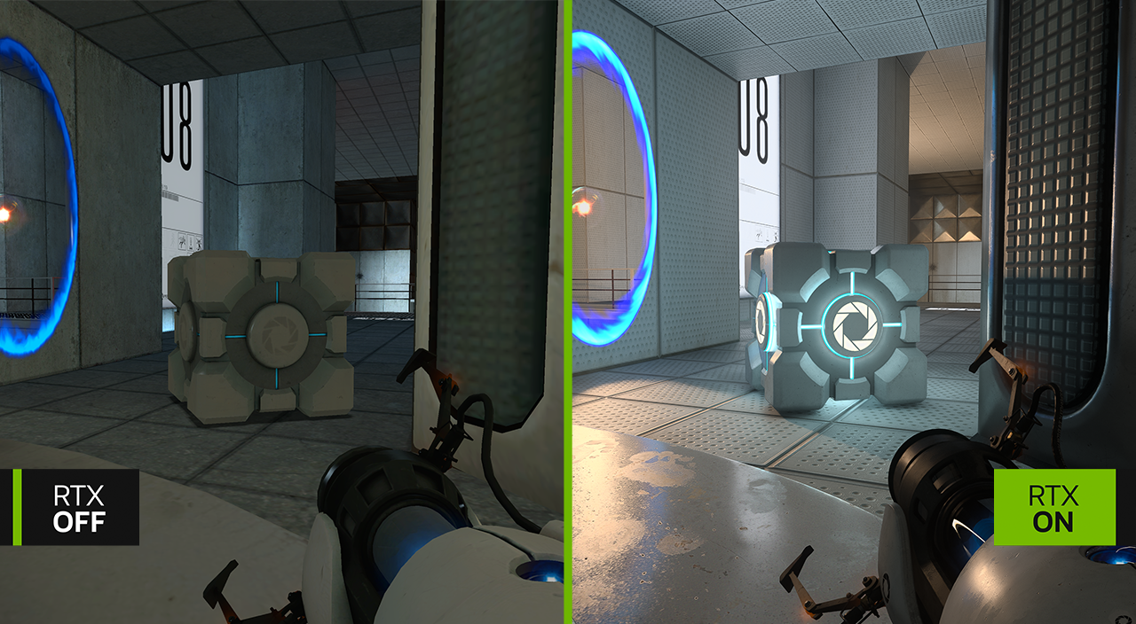 Een vergelijkingsbeeld van de originele Portal naast Portal met RTX, gemaakt in RTX Remix.