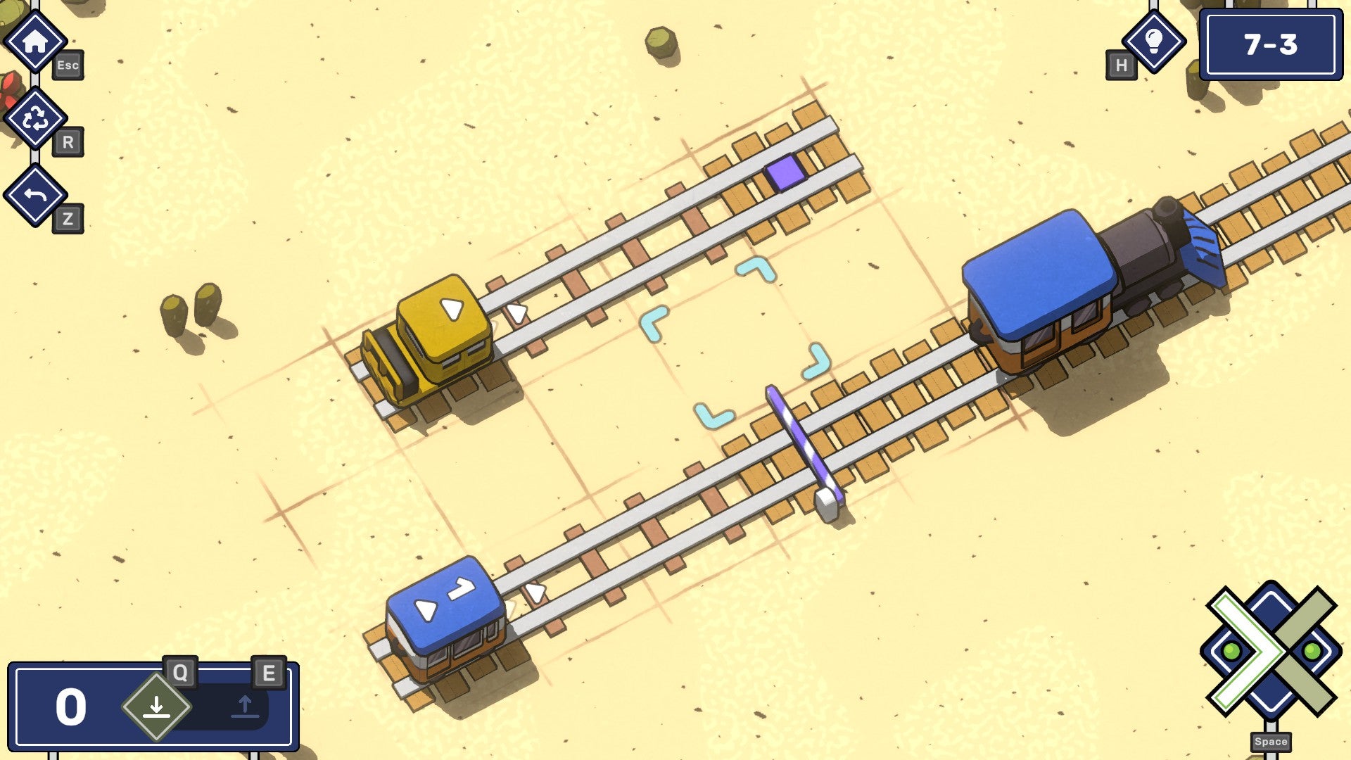 Un rompecabezas del desierto en Railbound con un vagón y un vagón de carga adicional.