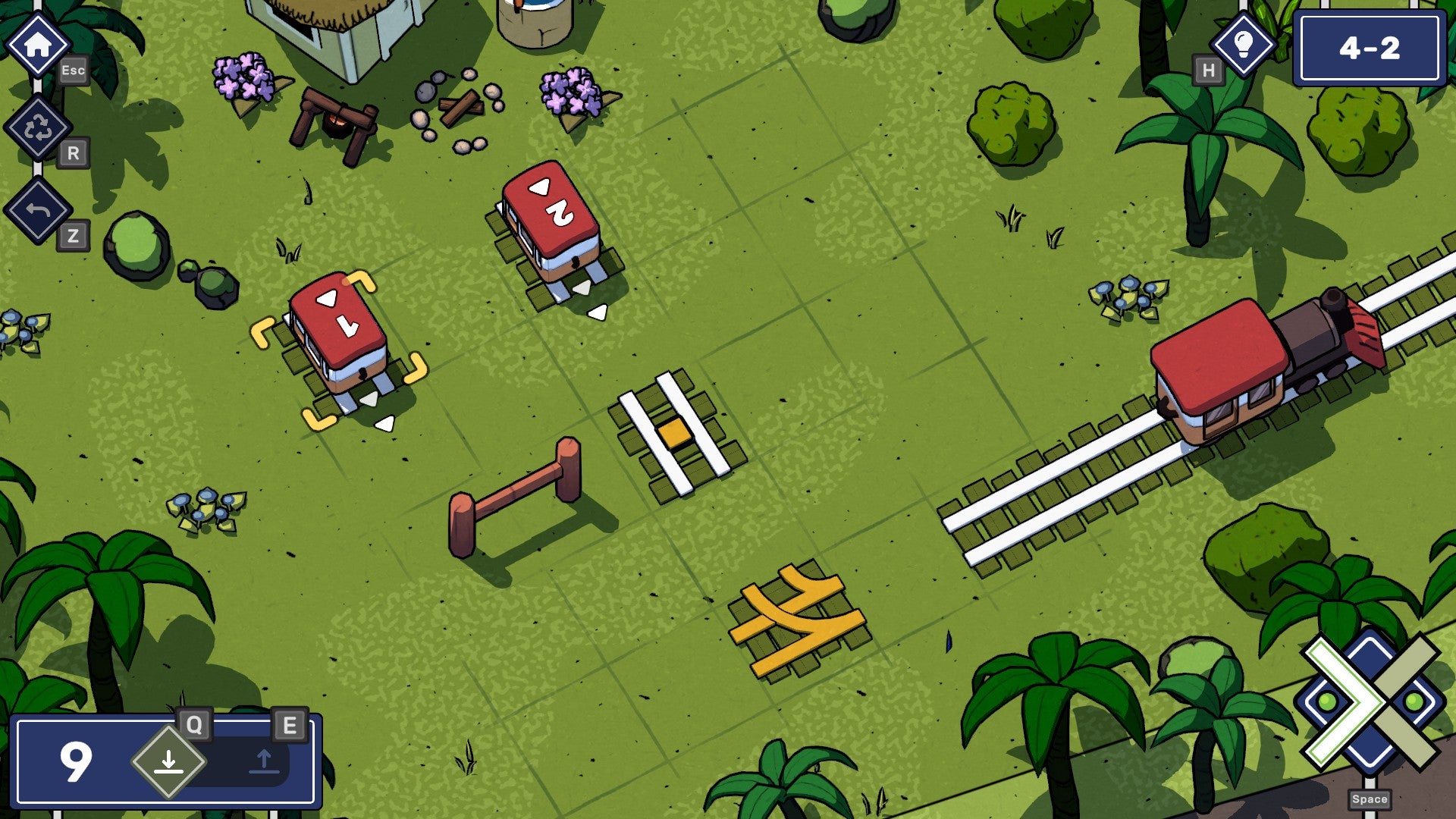 A jungle puzzle in Railbound featuring two carriages and a yellow switch track.