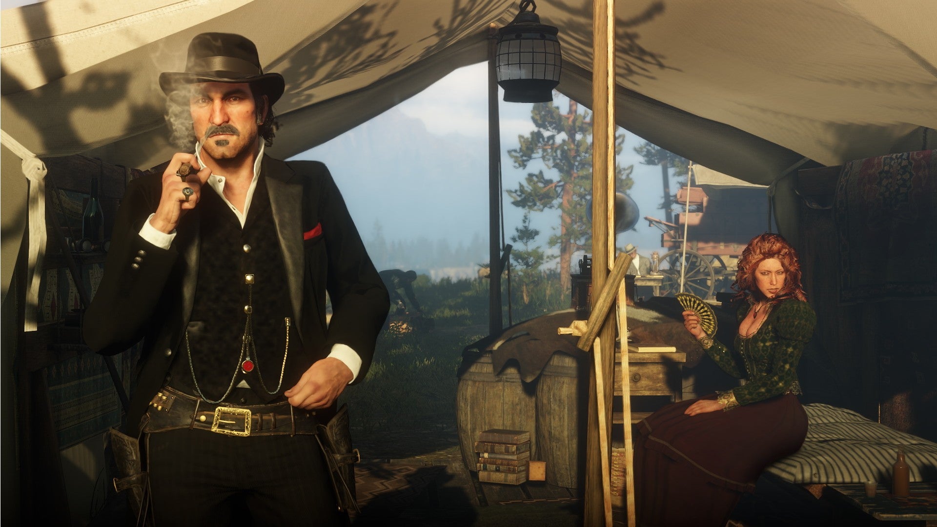 Red Dead Redemption 2 screenshot showing Dutch smoking a cigarette in the opening of a tent.