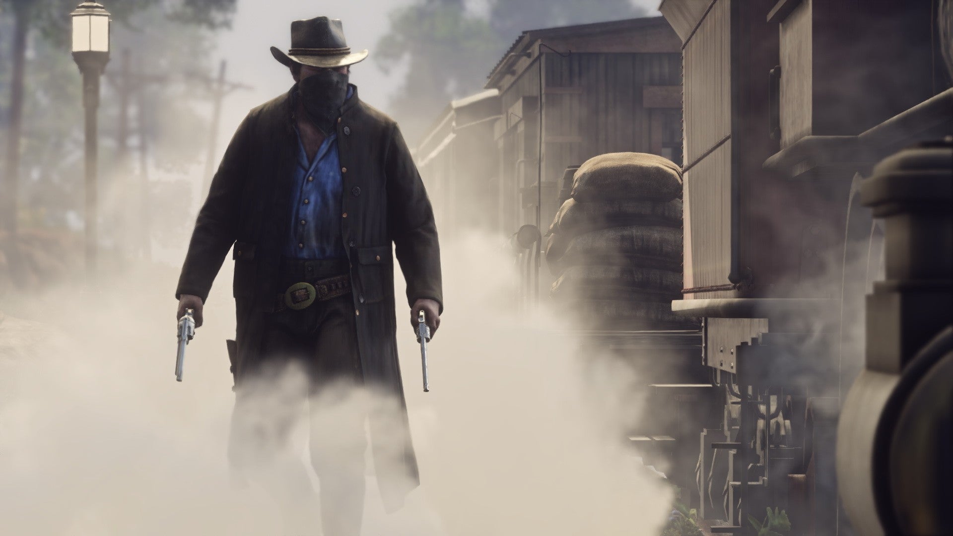 Image from Red Dead Redemption 2 showing Arthur Morgan wearing a bandana walking through smoke on a street.  He wields double-barreled revolvers.