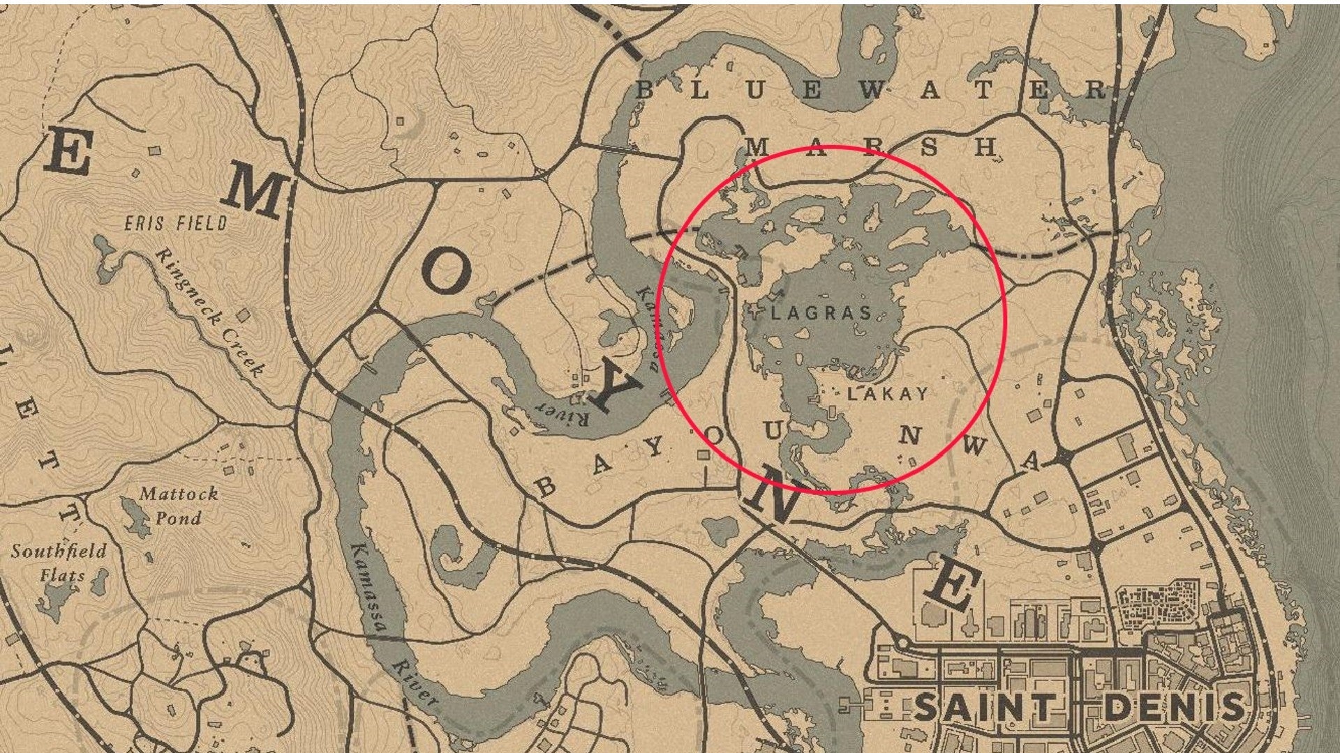 Red Dead Redemption 2 screenshot showing part of the map with a red ring around the swamp in Lagras.