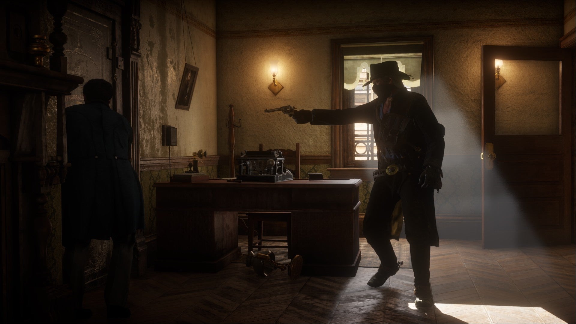 Red Dead Redemption 2 image showing a masked bandit aiming a gun at a man in a dimly lit building.