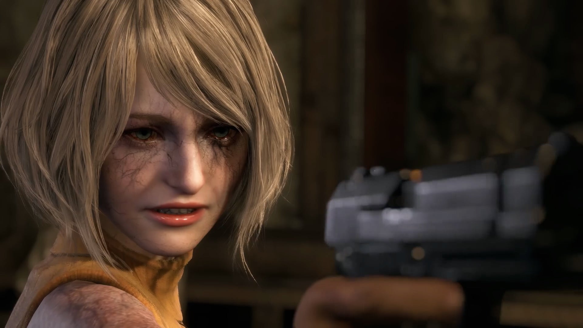 Ashley, covered in horrific veins as a result of her parasitic infection, holds a gun in the Resident Evil 4 remake