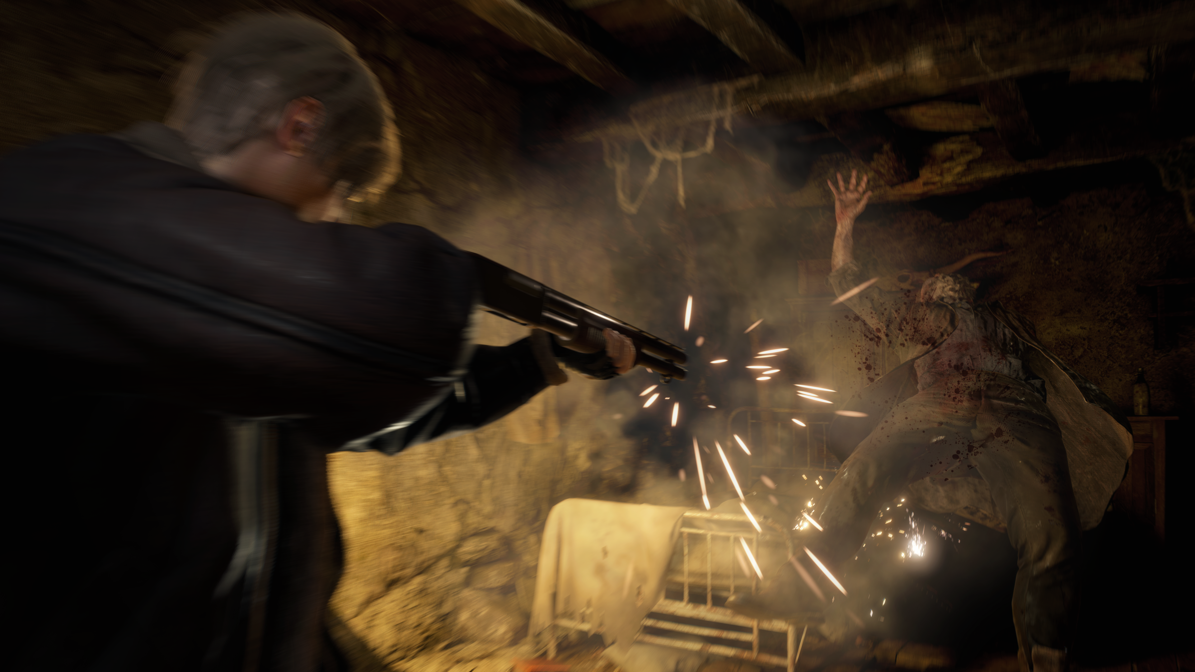 Leon uses a shotgun to blast a villager away in the Resident Evil 4 remake
