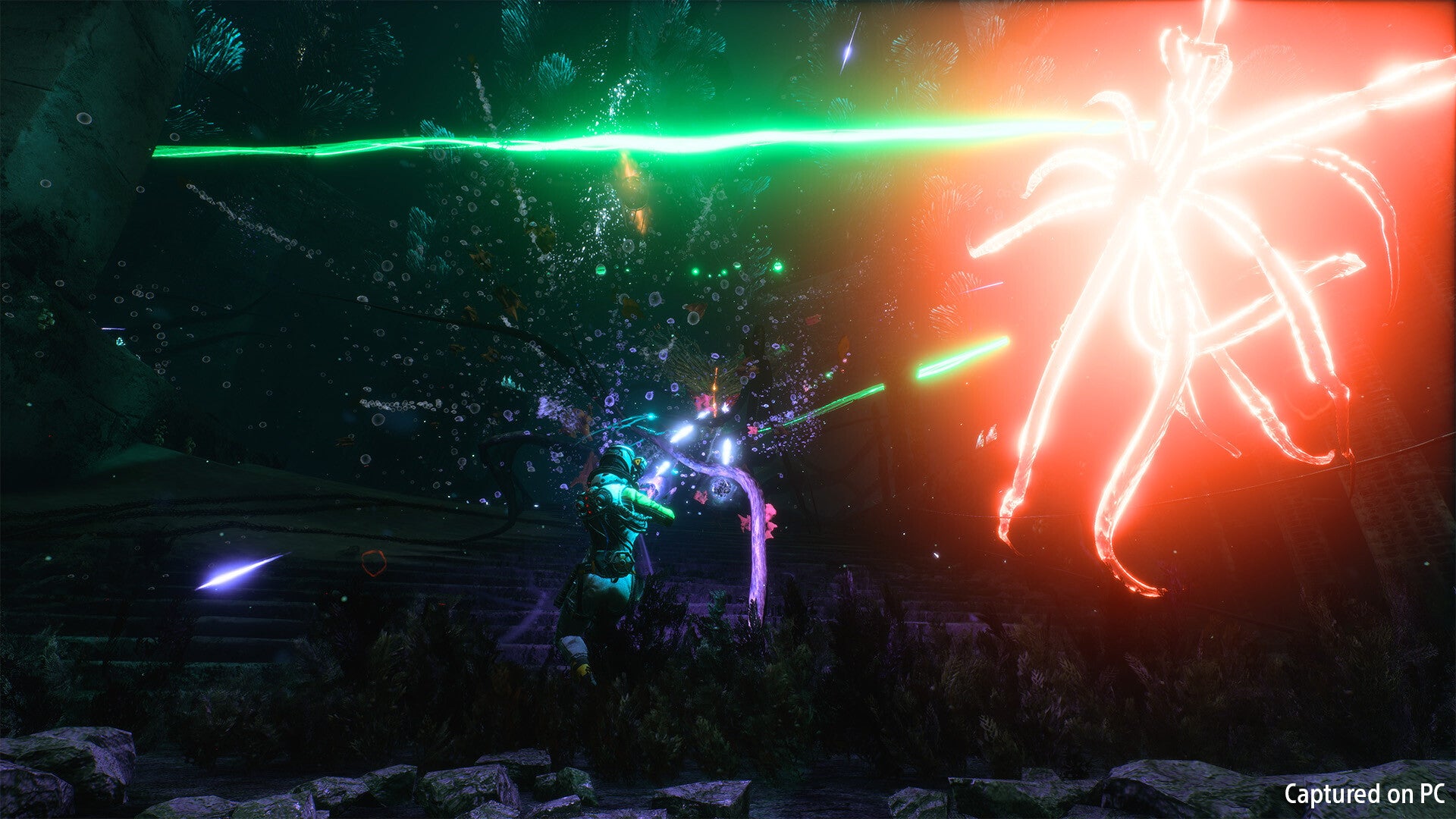 In Returnal, Selene shoots at one floating alien while another charges up an attack.