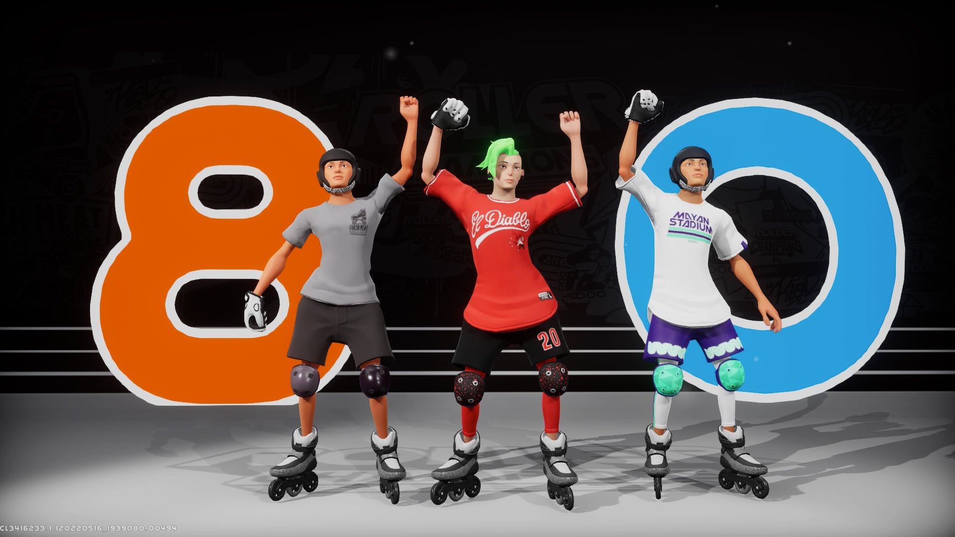 Three characters celebrate a victory of 8 points to 0 in Roller Champions