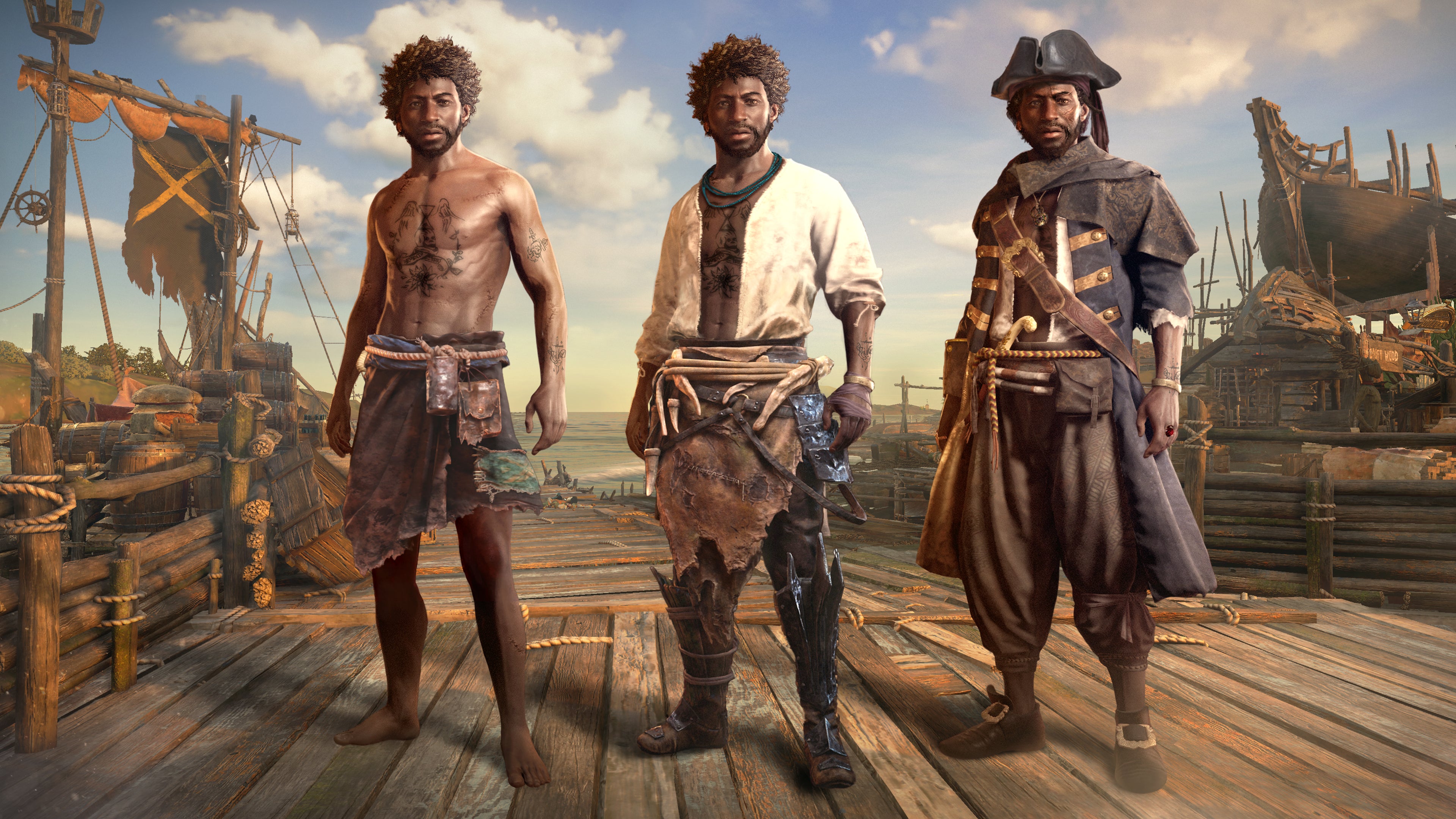 Three versions of the same character in Skull And Bones, wearing progressively more impressive pirate clothes