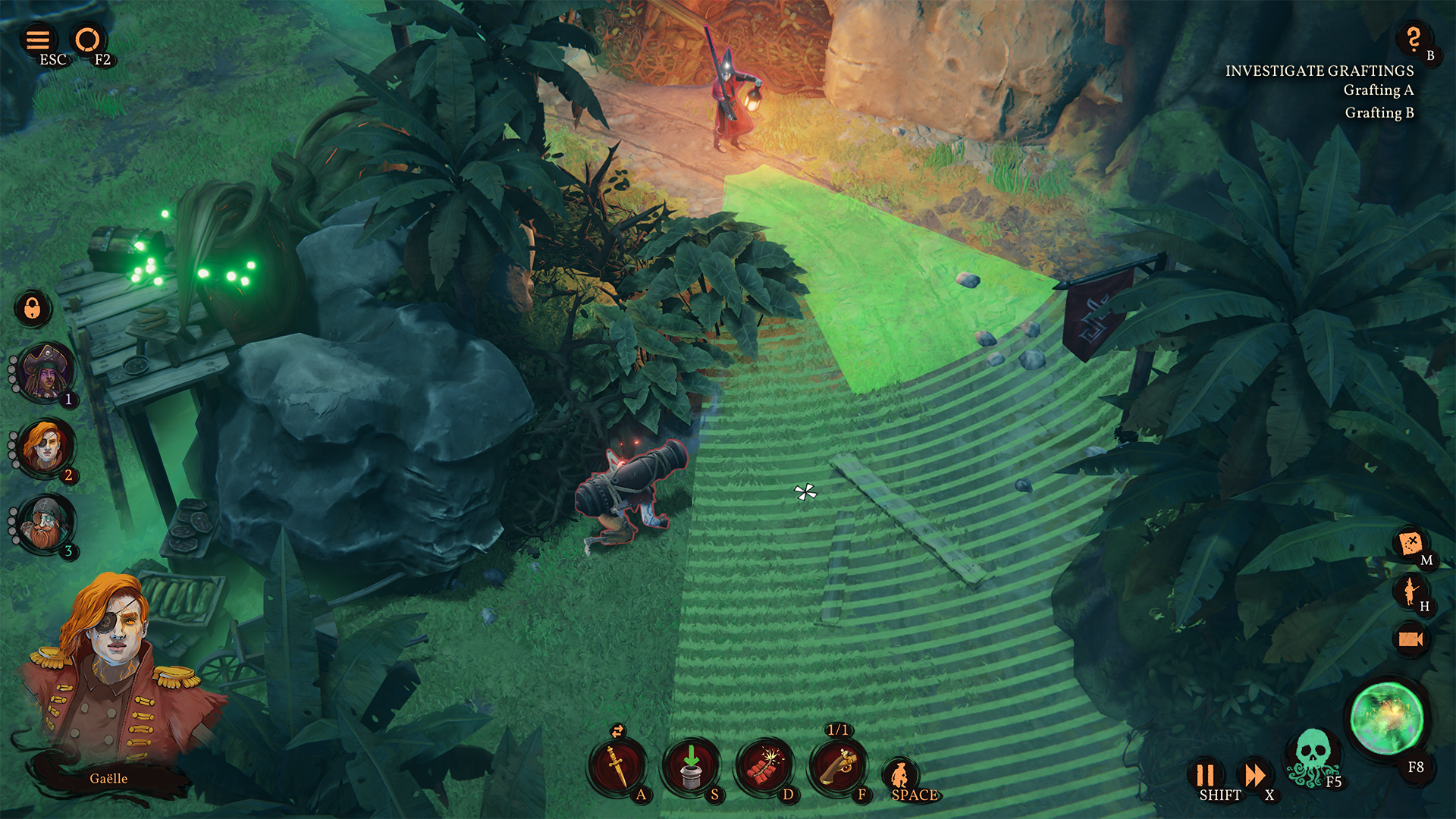 A pirate crouches behind a bush on an island in Shadow Gambit: The Cursed Crew