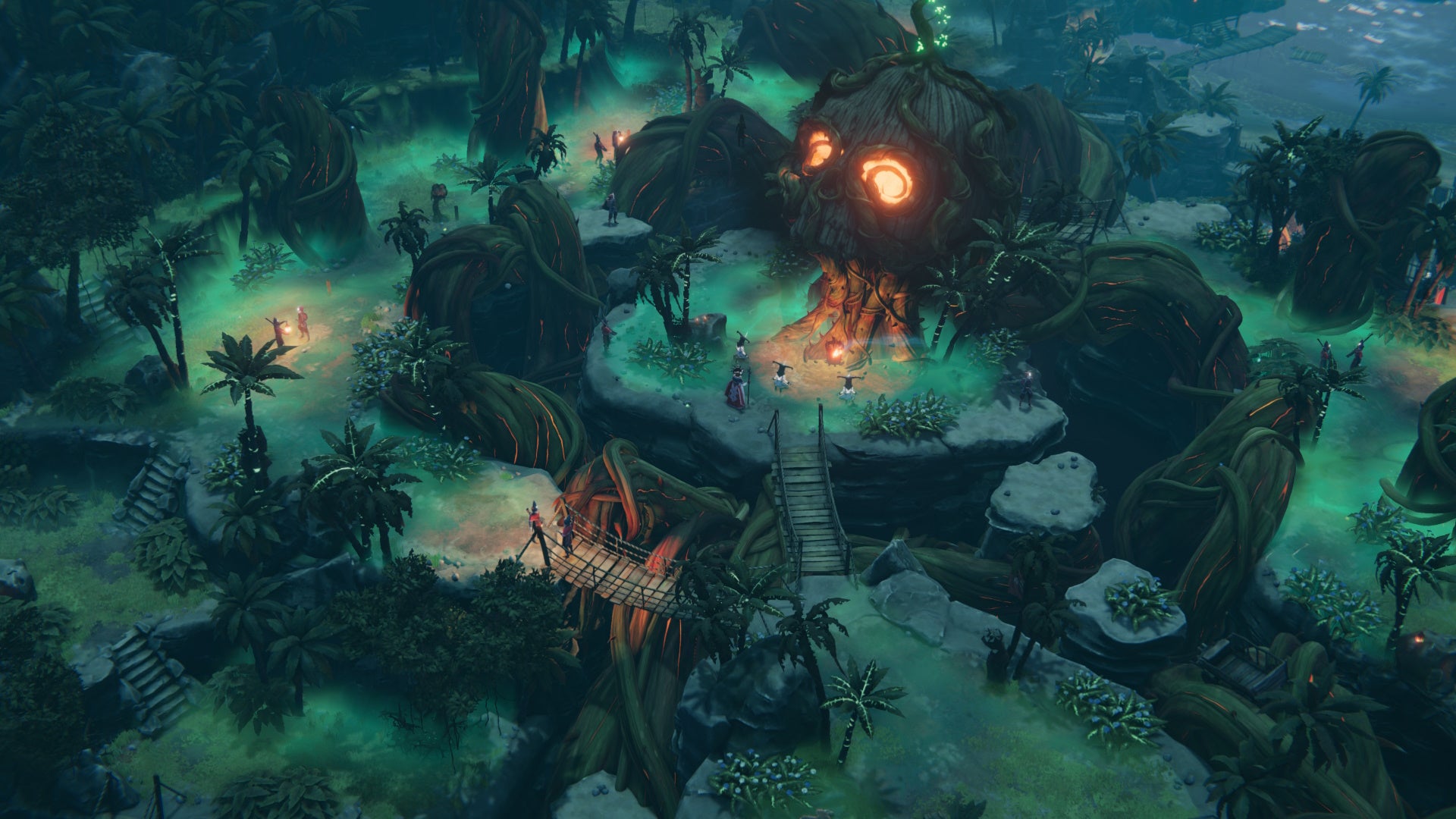 A night-time island location with a glowing skull cave in Shadow Gambit: The Cursed Crew