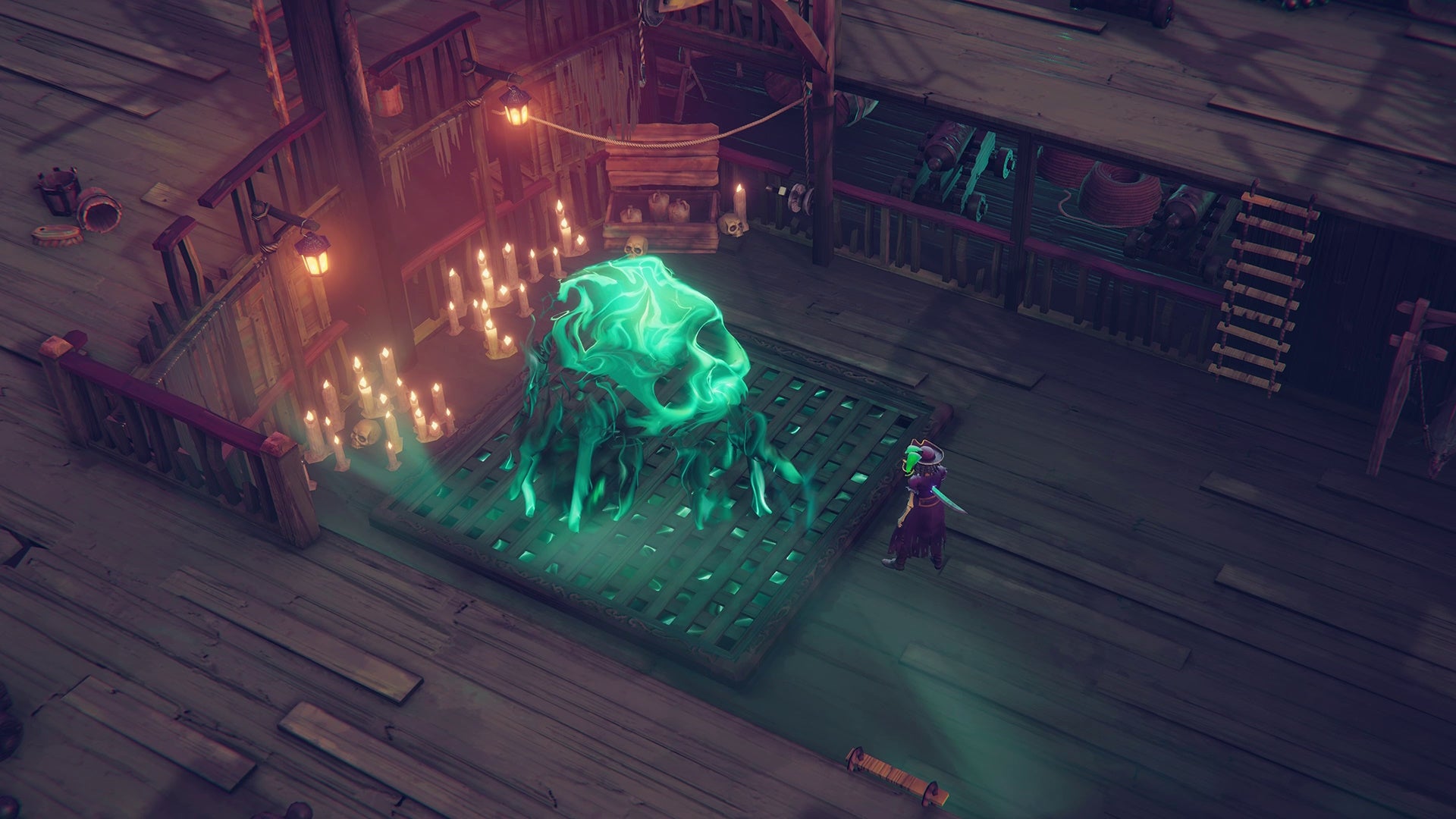 A pirate talks to a spooky green skull on her ship in Shadow Gambit: The Cursed Crew