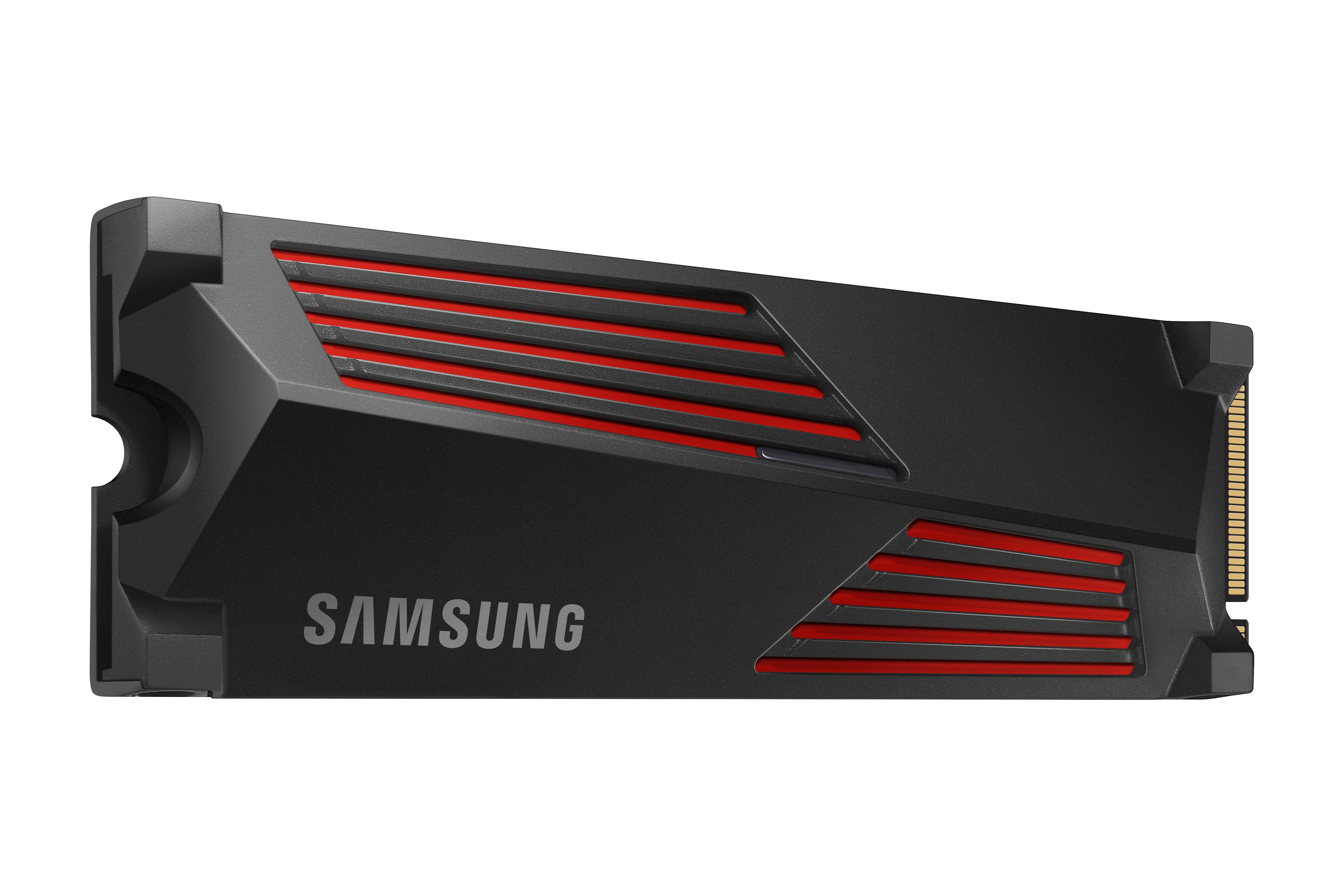 A render of the Samsung 990 Pro SSD with its heatsink accessory attached.