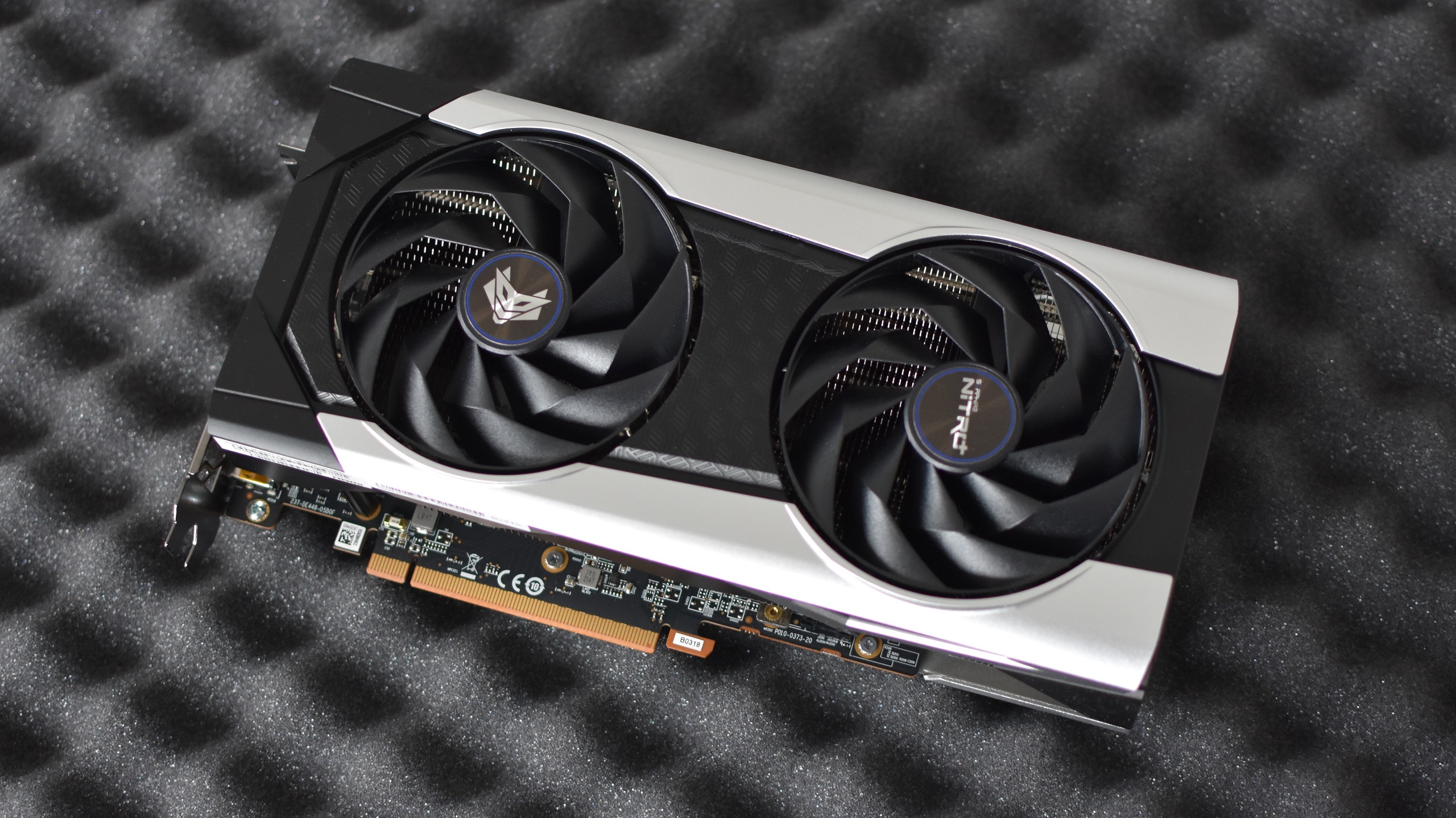 The Sapphire Nitro+ Radeon RX 6650 XT graphics card, cooler-side up.