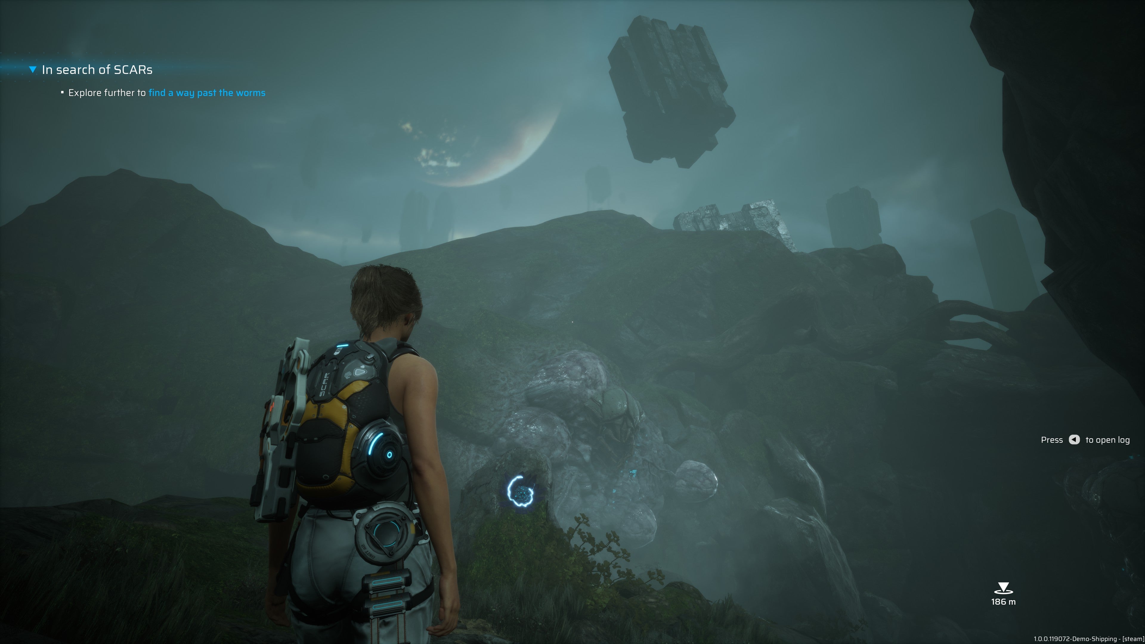 A woman stands in front of a mysterious alien landscape with monoliths hanging in the sky in Scars Above
