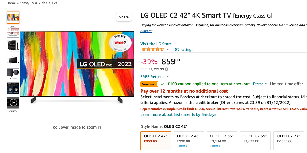 A screenshot of the Amazon product page showing the £759 price after voucher is ticked.
