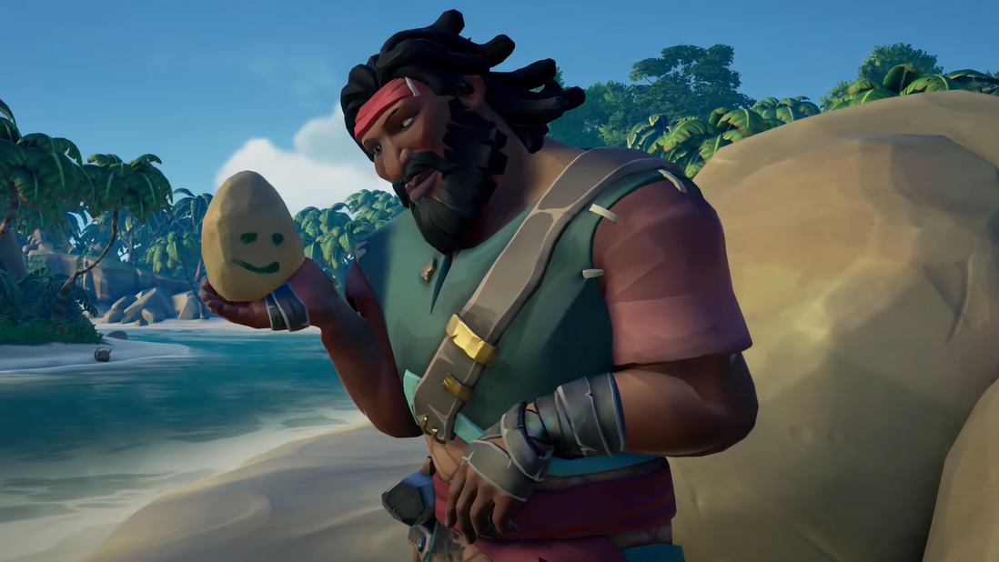 A screenshot from Sea Of Thieve's January 2023 update showing a character holding their pet rock