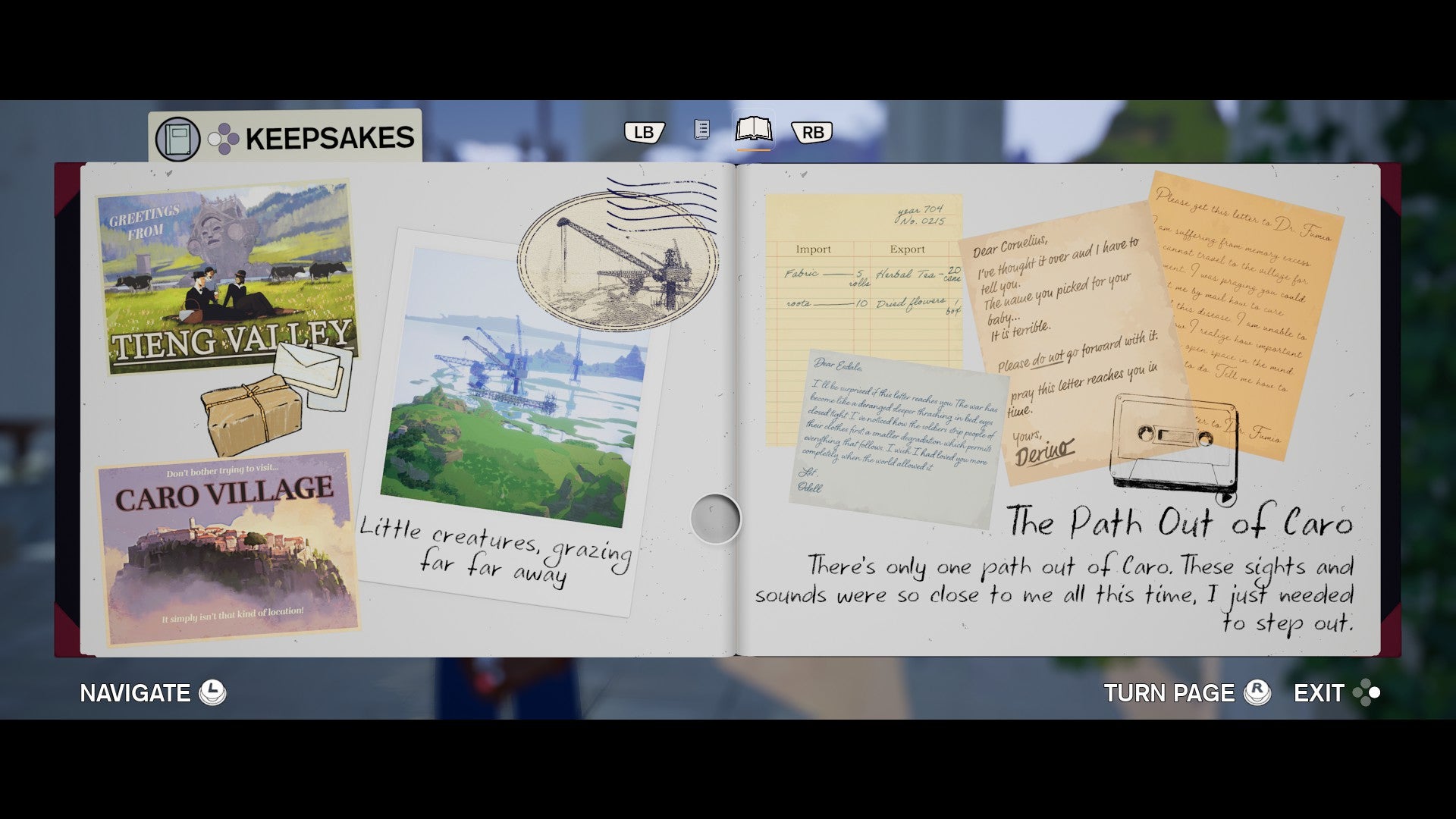 A screenshot from Season showing a scrapbook filled with letters, stamps, and photogrpahs