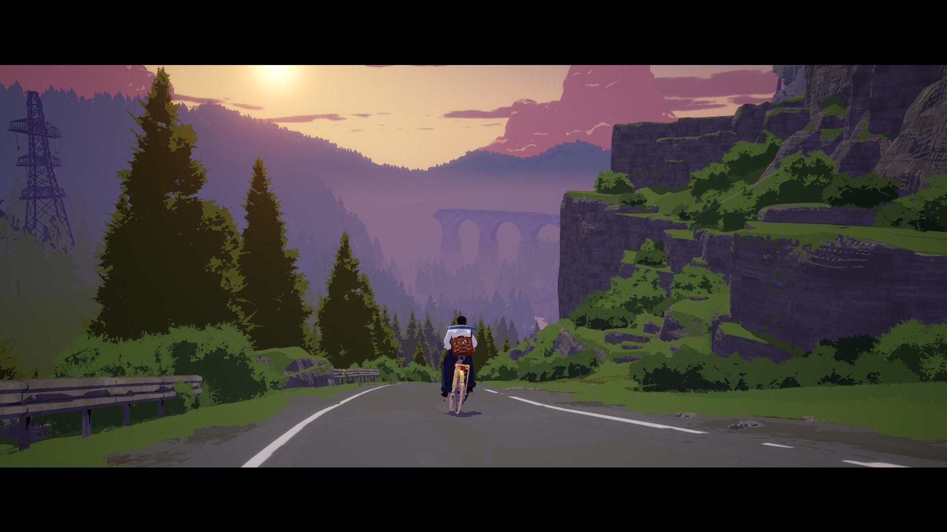 A screenshot from Season showing Estelle cycling down a road during a sunset
