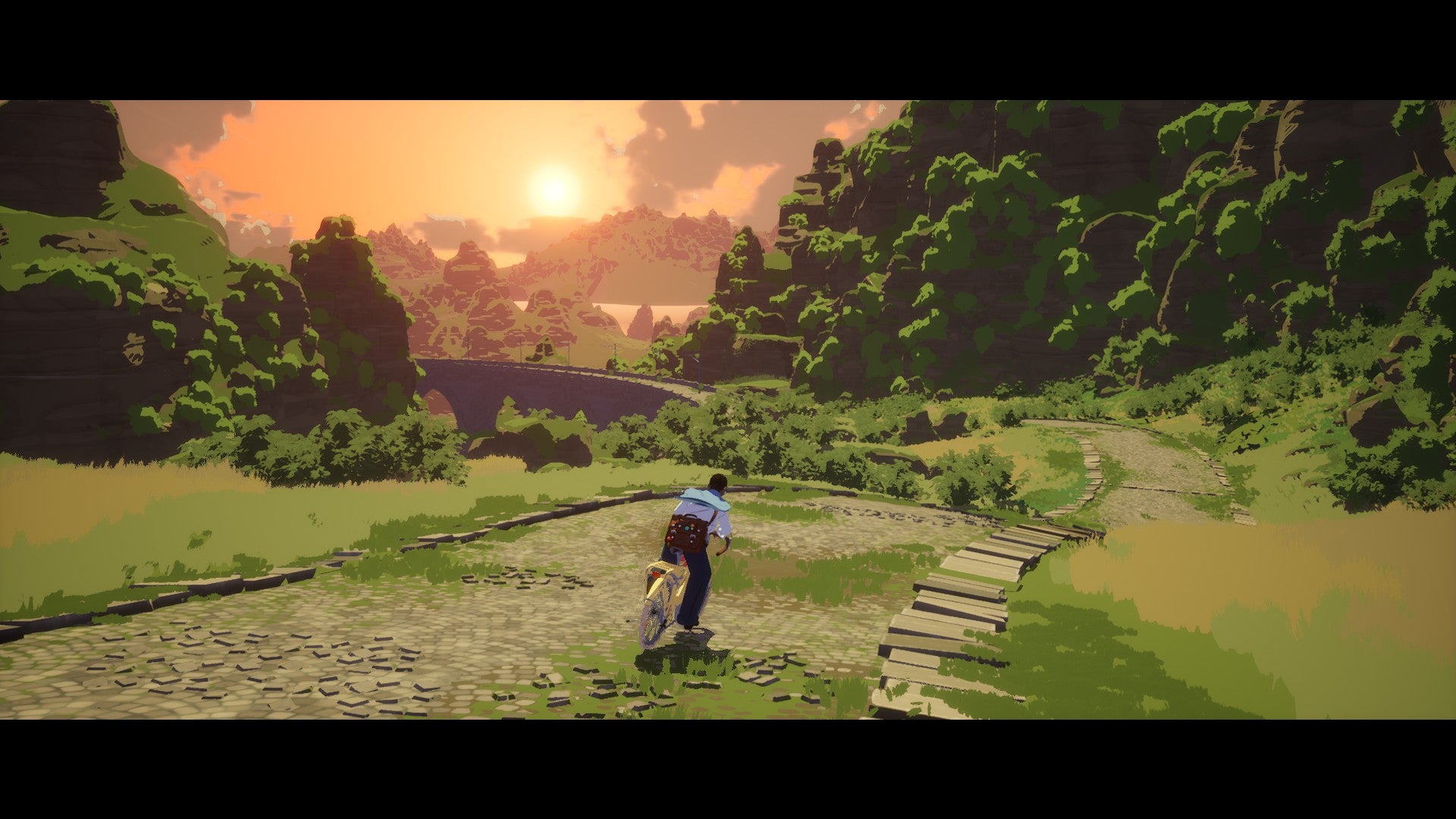 A screenshot from Season showing Estelle ride her bicycle down a stone path into a picturesque valley